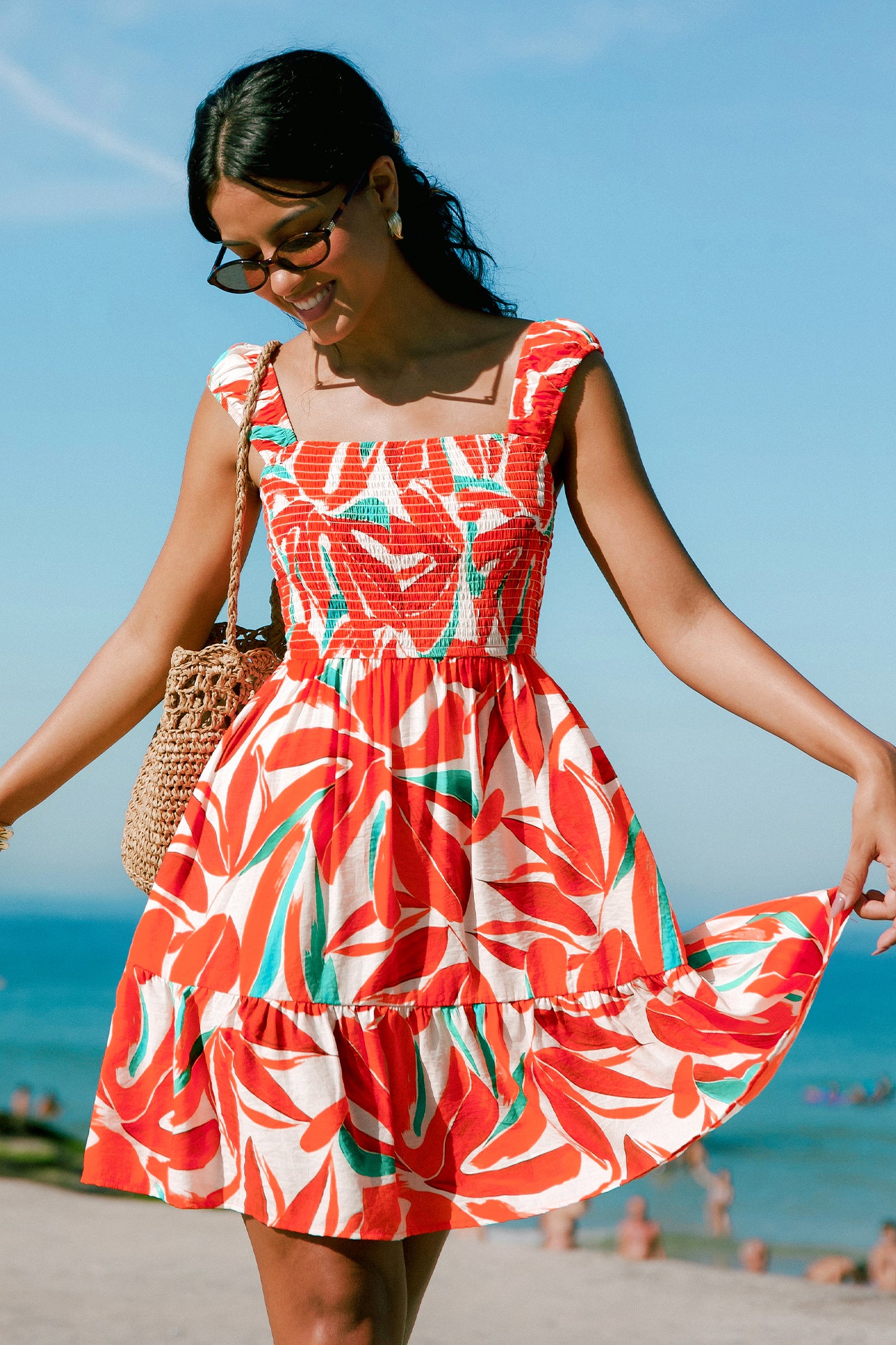 Tropisches Ärmelloses Eckiger Ausschnitt Mini-Strandkleid