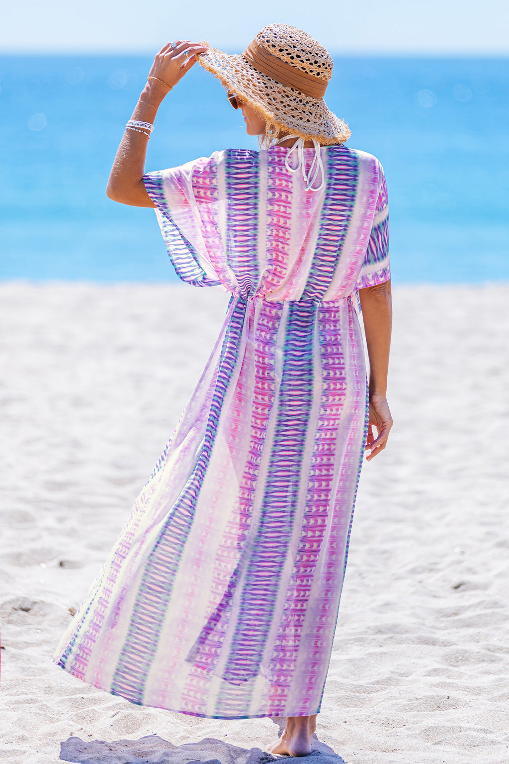 Abstraktes Lila Tiefer Ausschnitt Maxi-Strandkleid