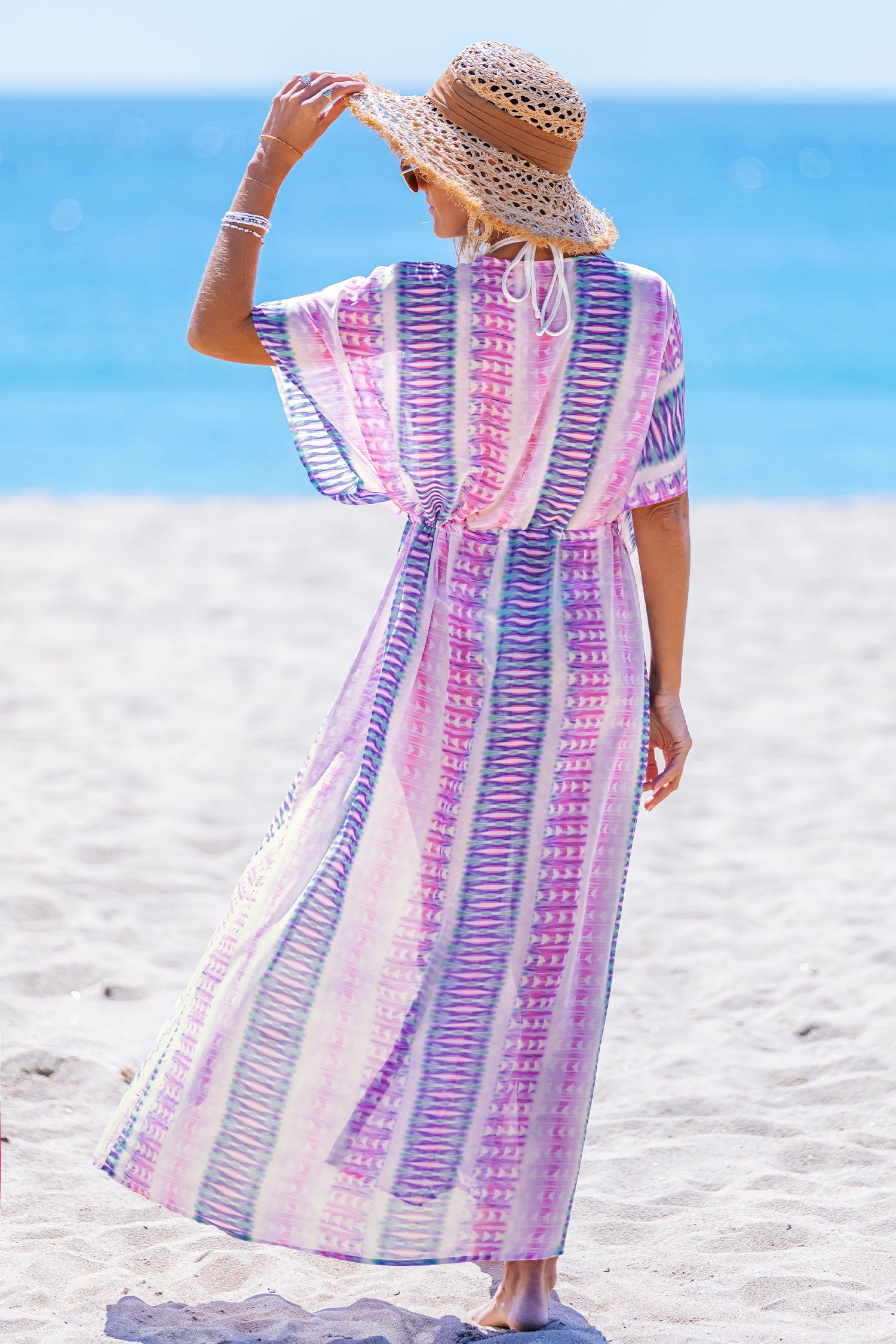 Abstraktes Lila Tiefer Ausschnitt Maxi-Strandkleid