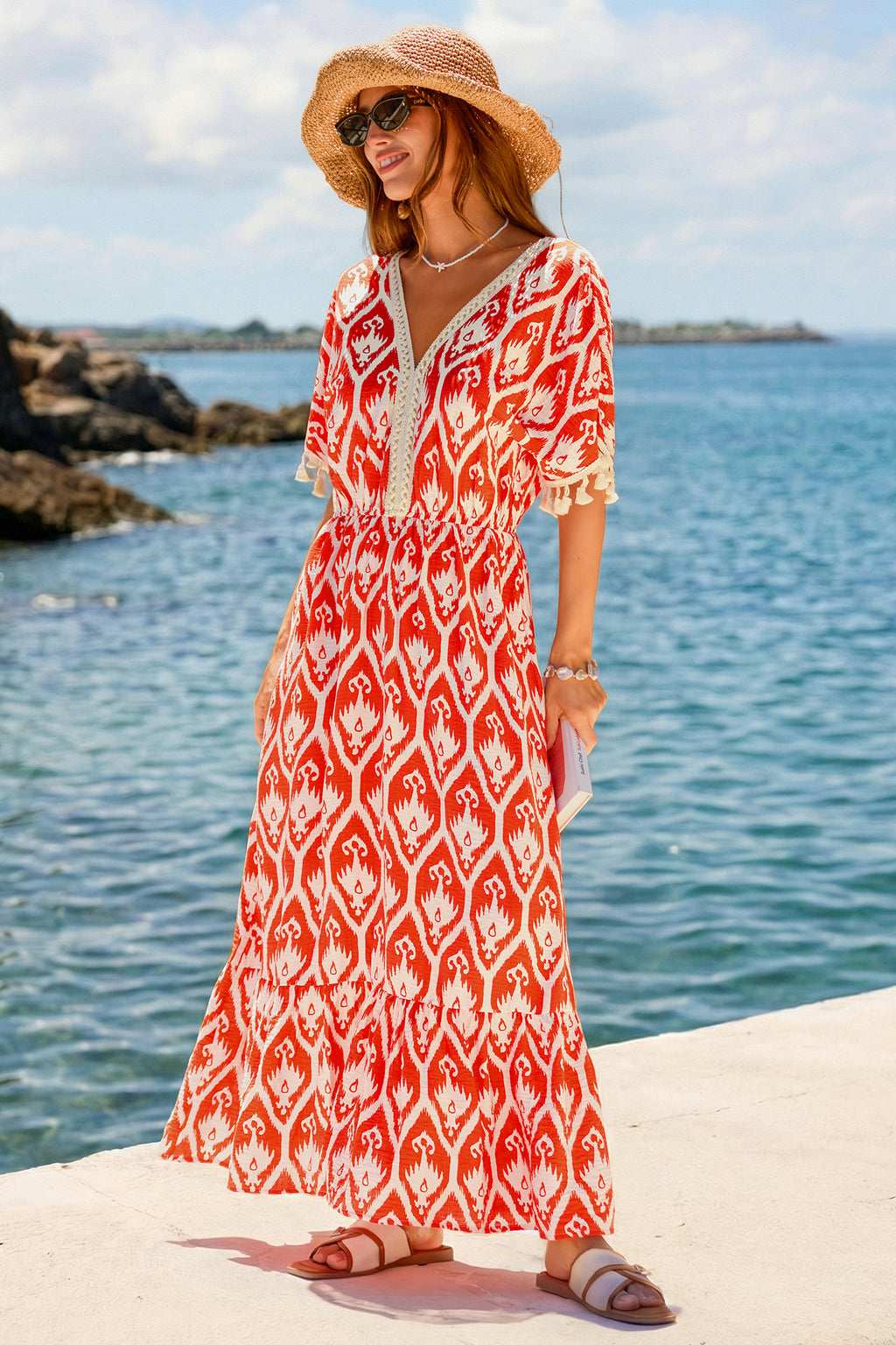 Rotes Verziertes Kurzarm Maxikleid