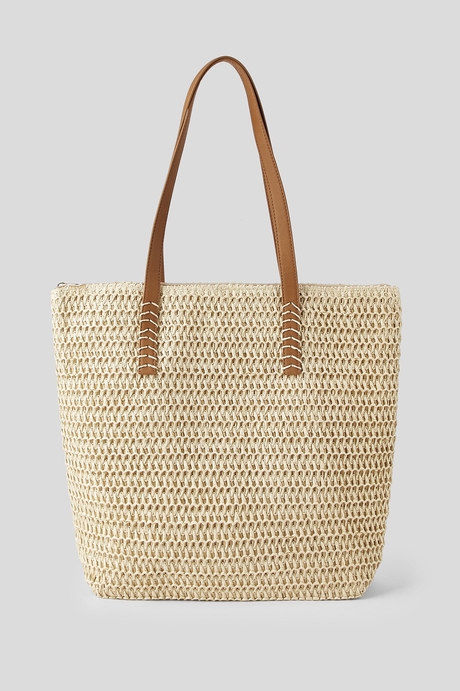 Stroh-Strandtasche mit Schultergurten aus Kunstleder