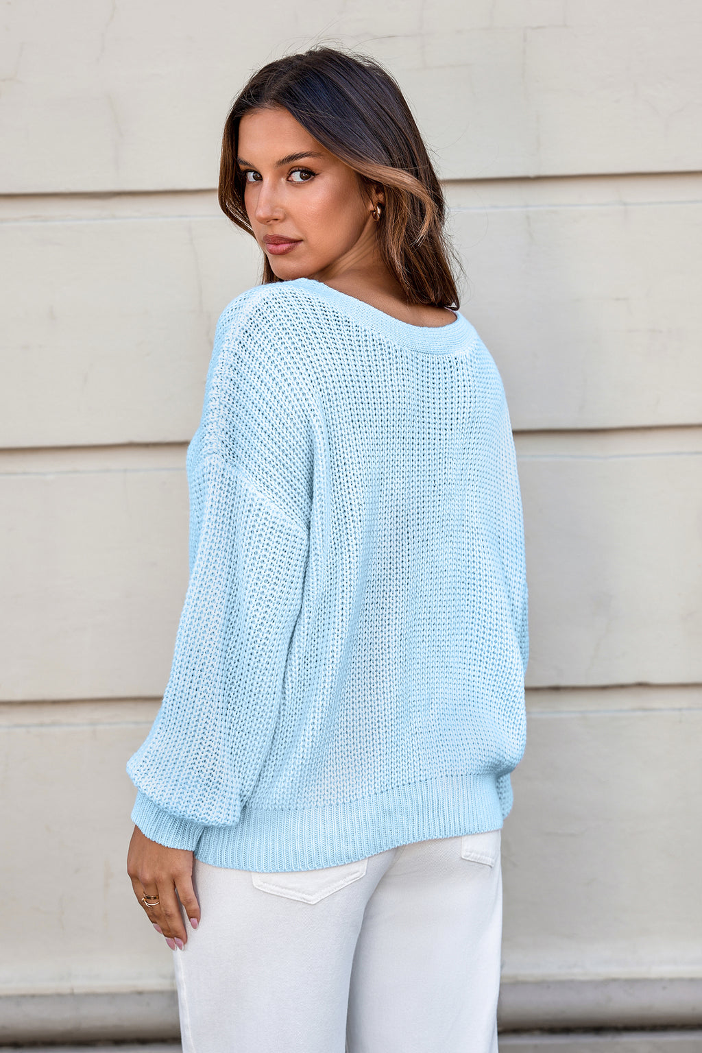 Blauer V-Ausschnitt Pullover mit Schleifen