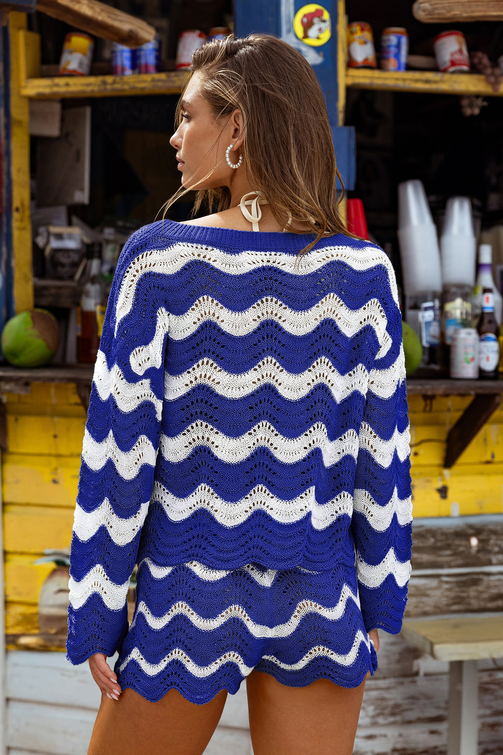 Blau Gestreiftes Langarm Strandtop