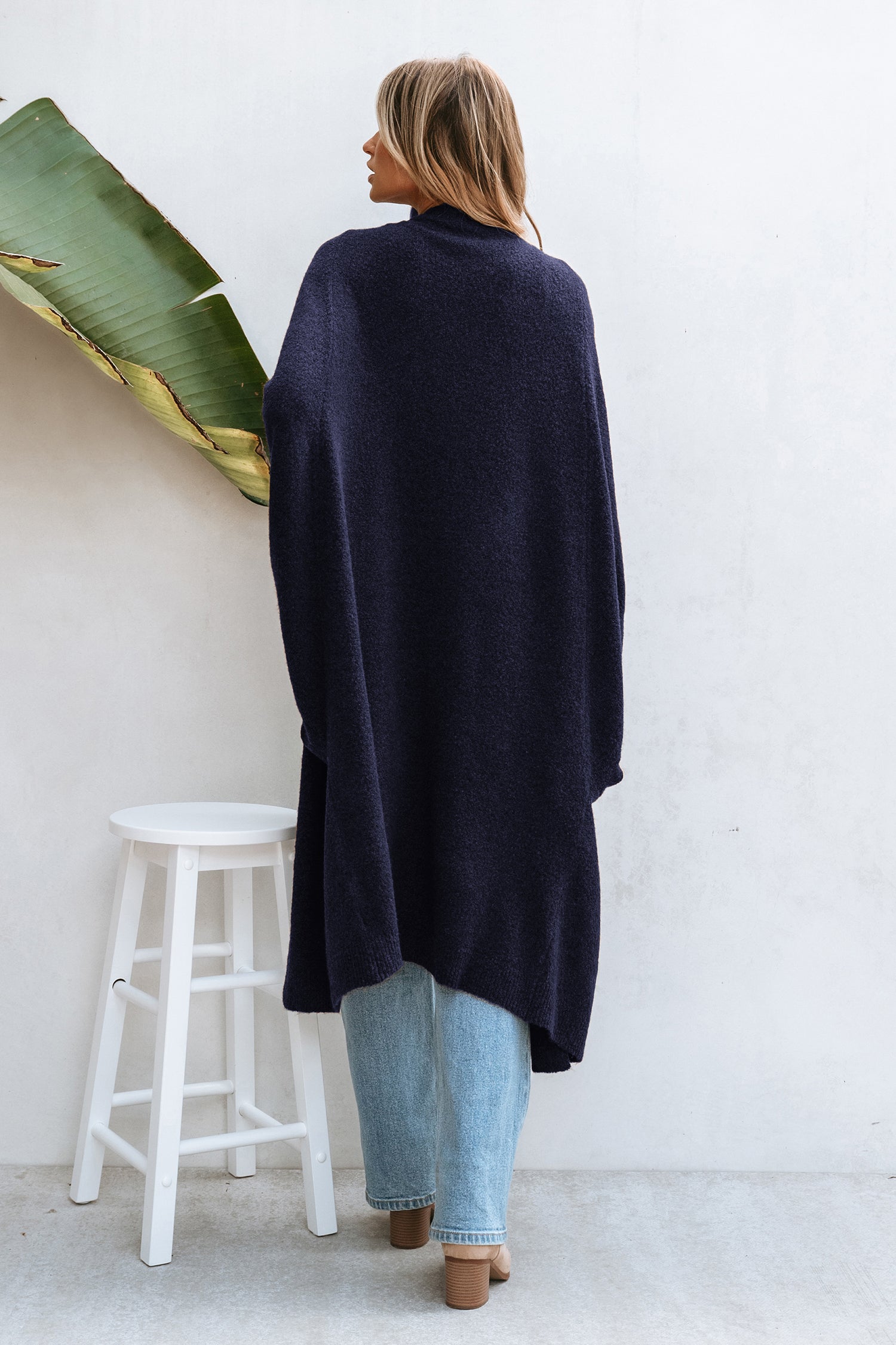 Marineblaue Dolman-Ärmel Lange Strickjacke