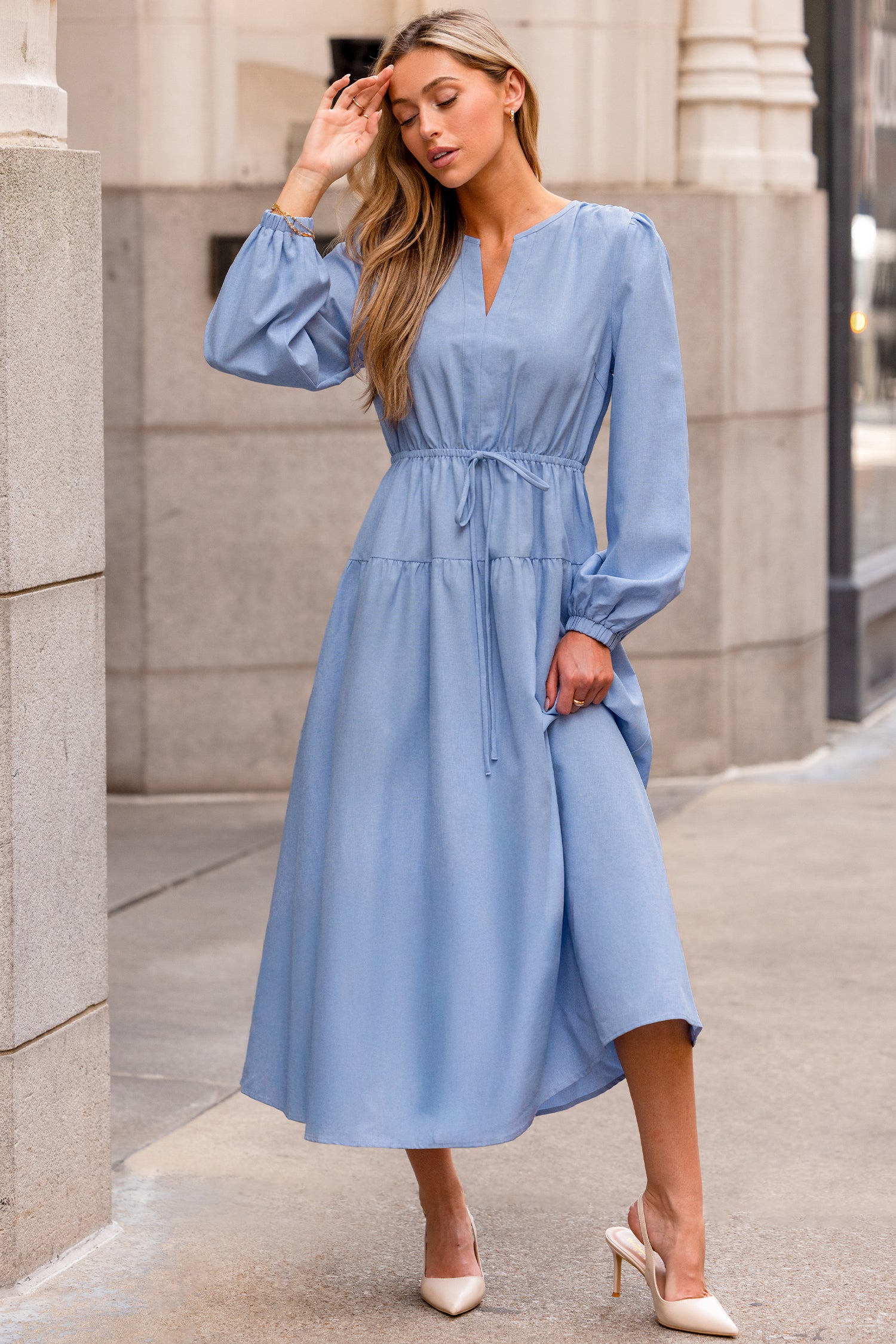 Blaues Lange Ärmel Maxikleid mit Kordelzug
