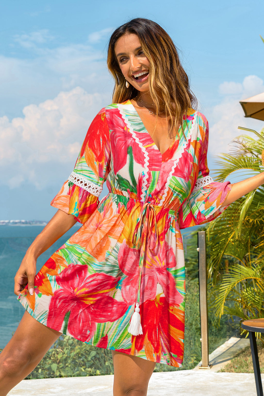 Rot Geblümtes Halbarm Mini-Strandkleid
