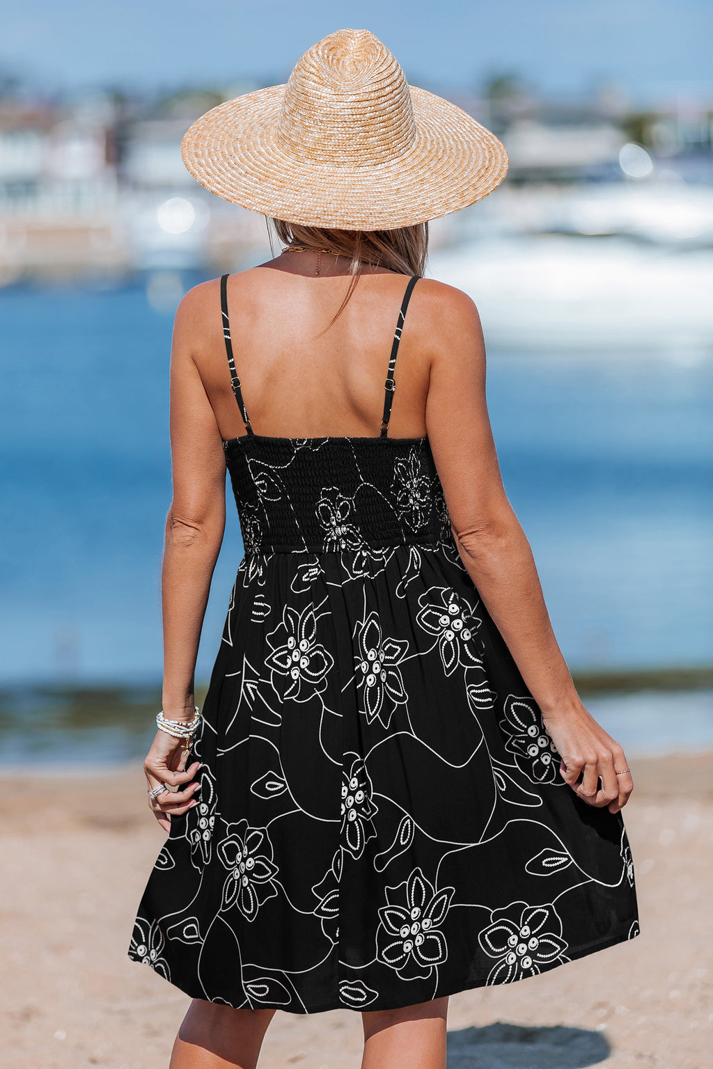 Schwarzes Geblümtes Ärmelloses V-Ausschnitt Mini-Strandkleid