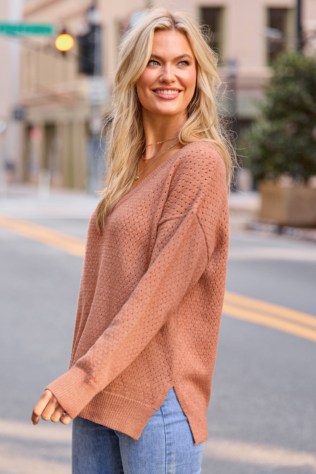 Neutraler V-Ausschnitt Langarmpullover