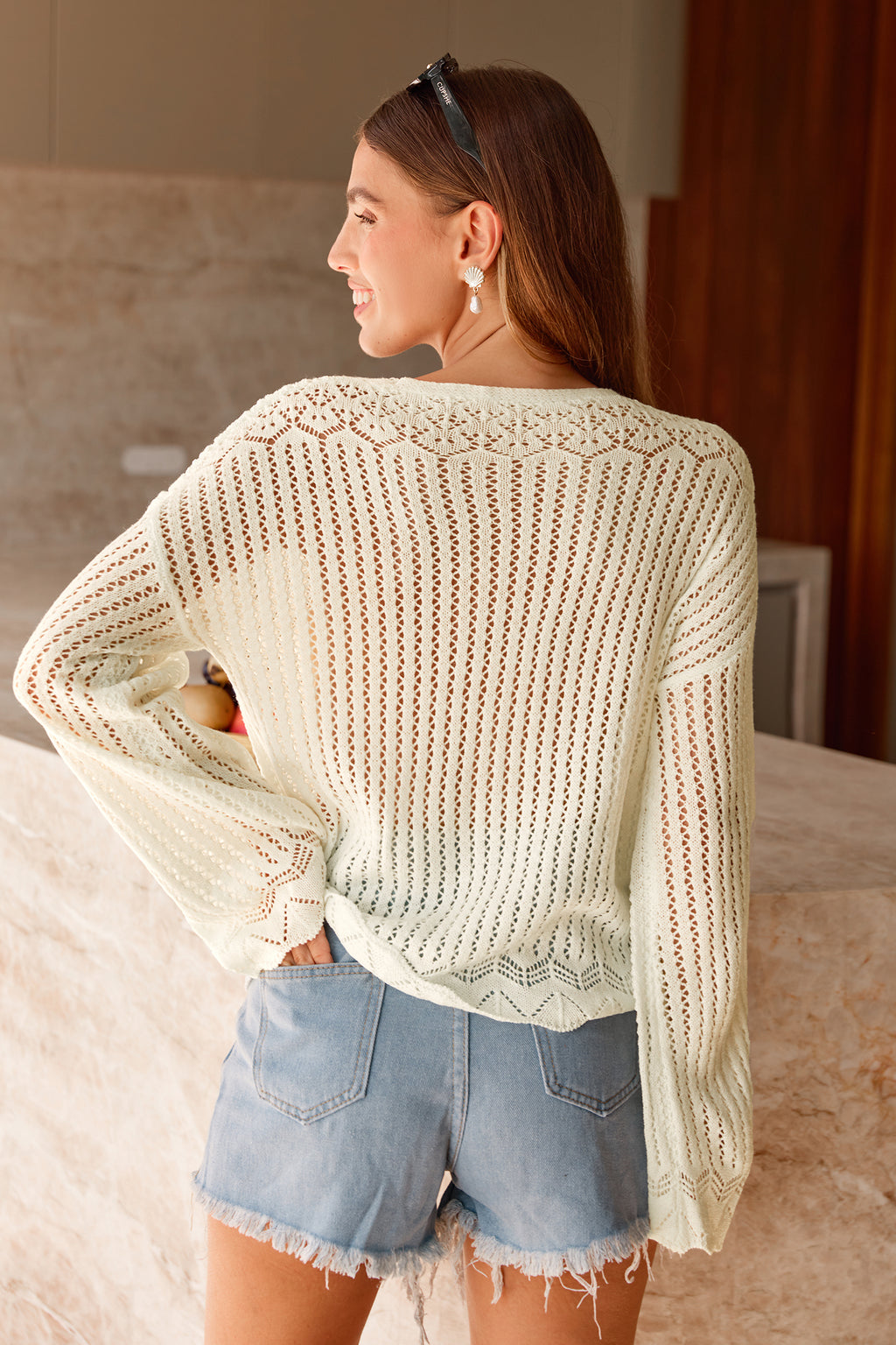 Beiges Langarm V-Ausschnitt Strick-Top