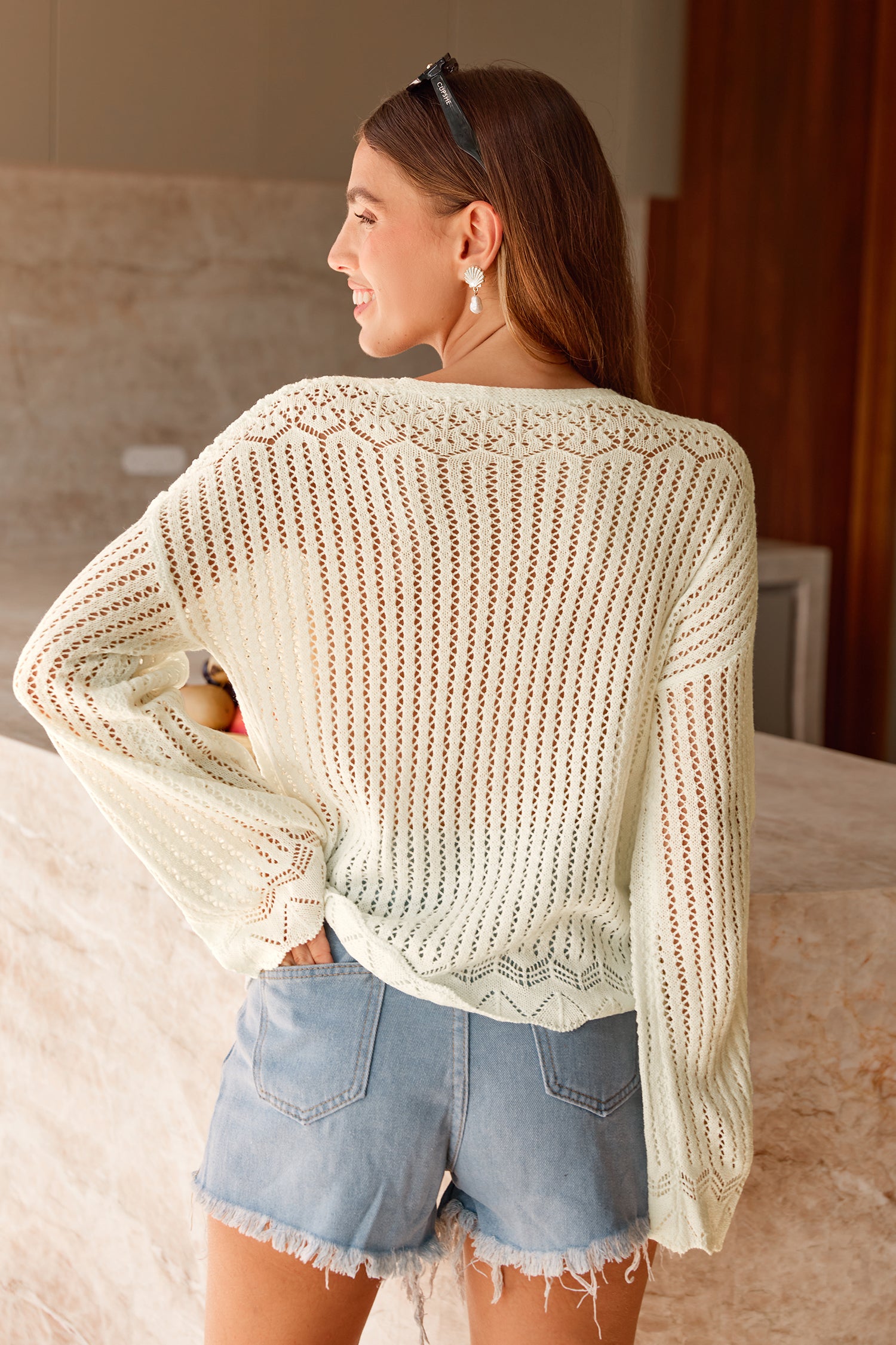 Beiges Langarm V-Ausschnitt Strick-Top