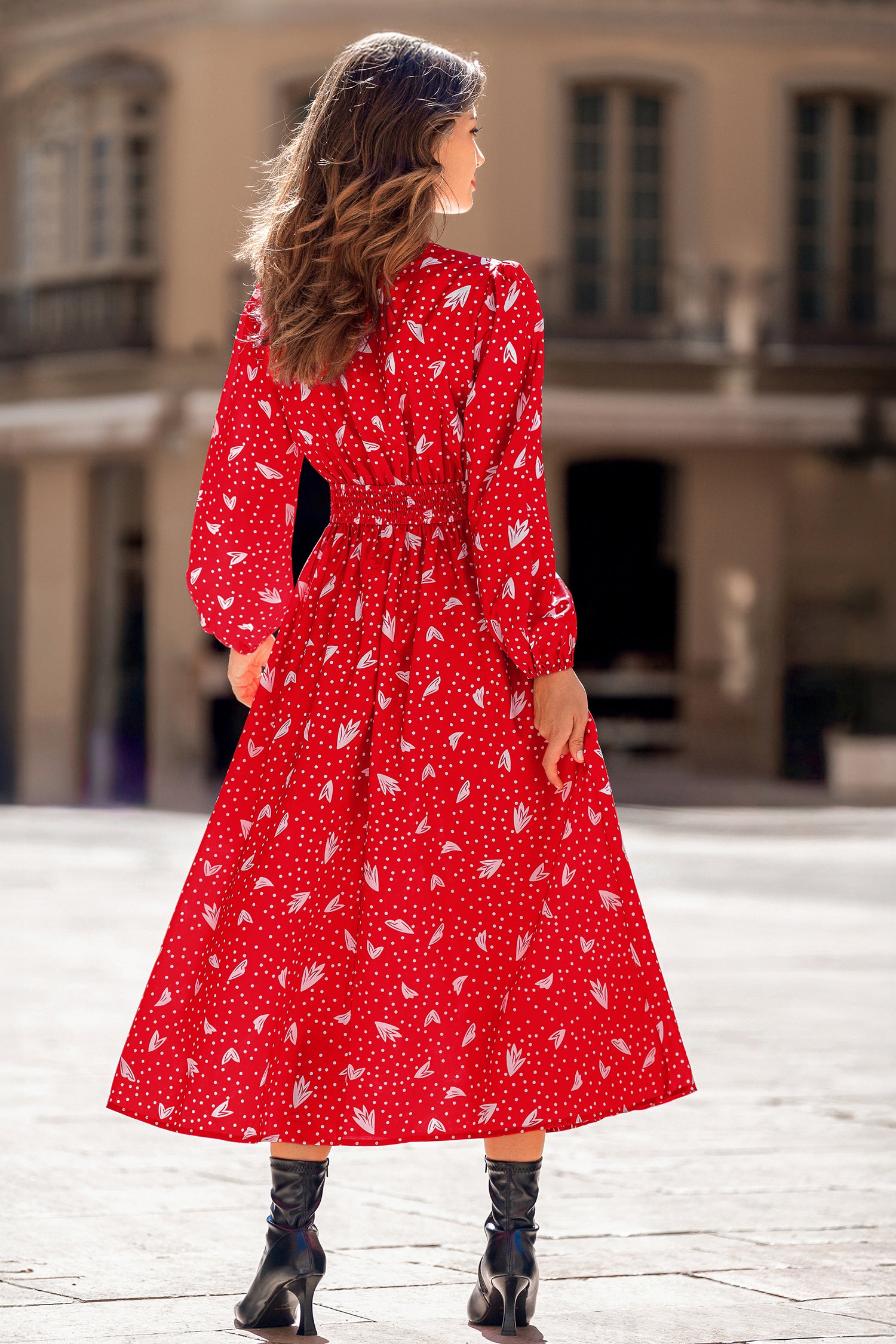 Rotes Polka Dot Lange Ärmel Maxikleid