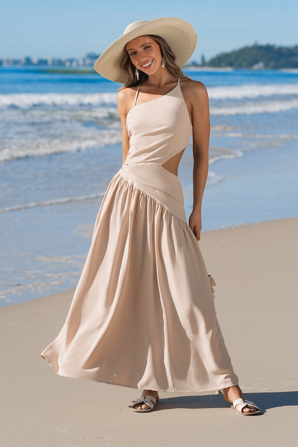 Ärmelloses Cut-out Maxikleid in Beige
