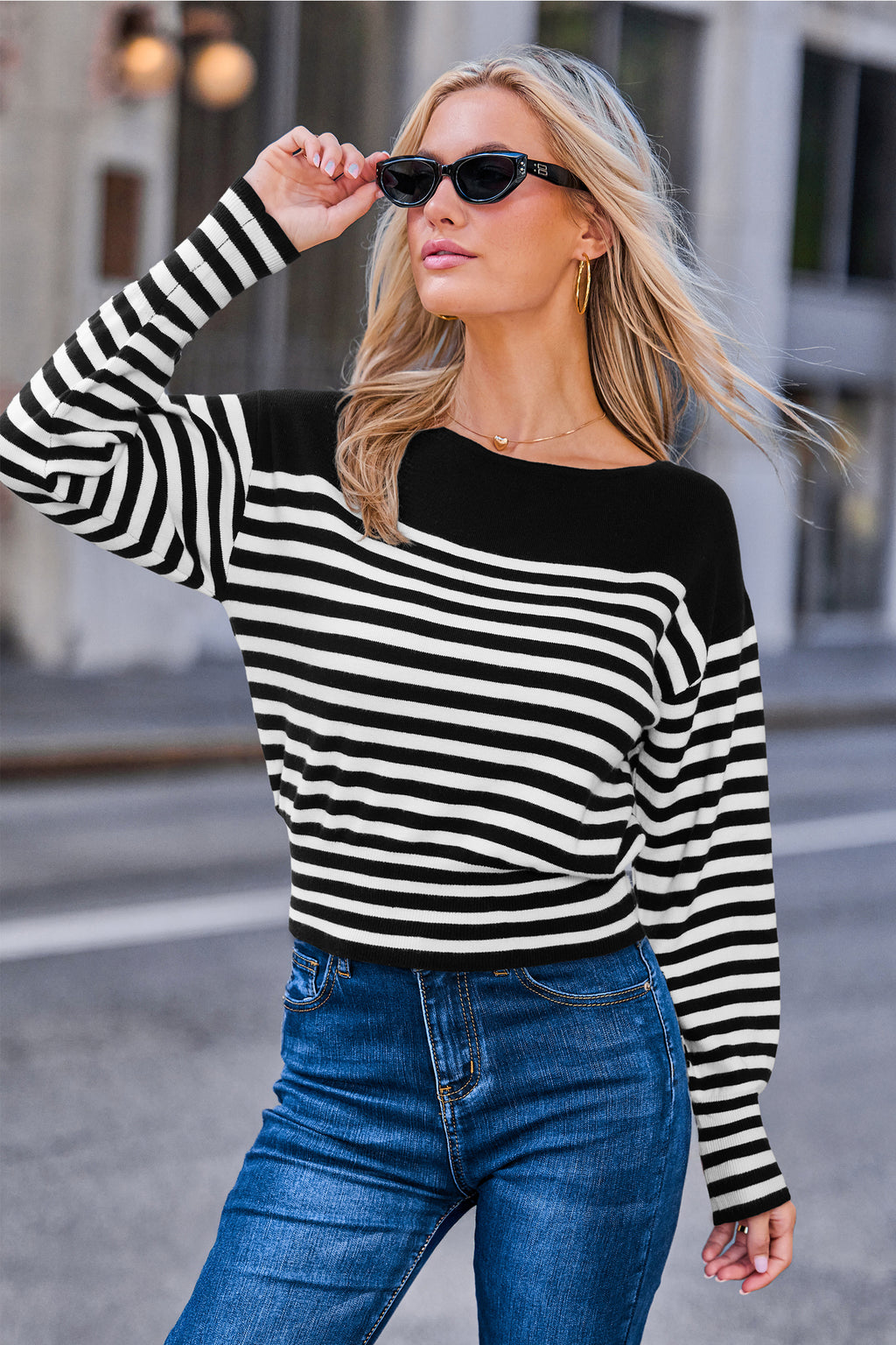 Gestreifter Geraffte Taille Pullover