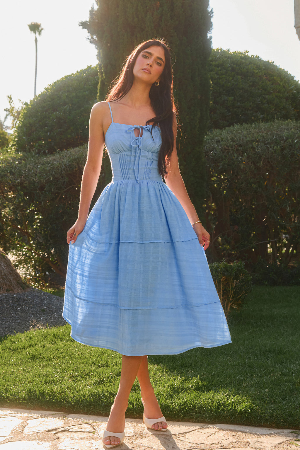 Blaues Quadratischer Ausschnitt Midikleid aus Baumwolle