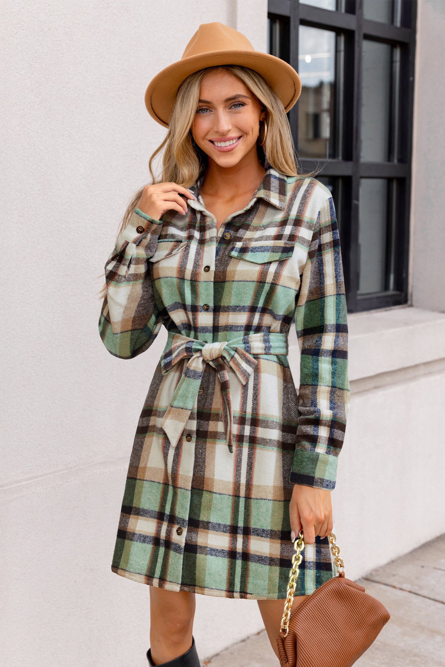 Grünes Kariertes Mini-Blusenkleid mit Taillenbindung