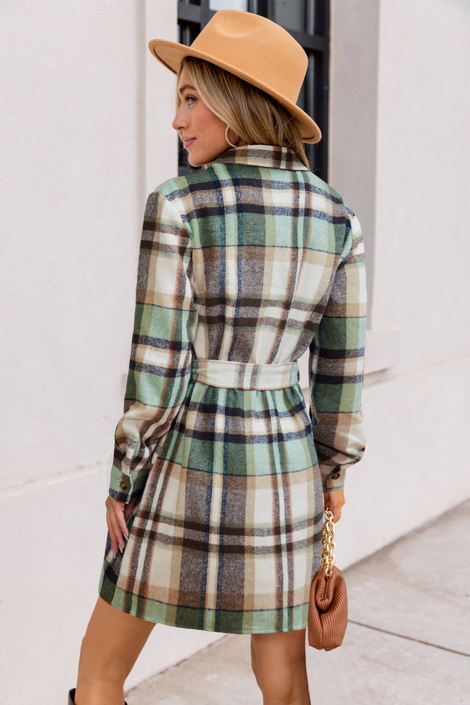 Grünes Kariertes Mini-Blusenkleid mit Taillenbindung