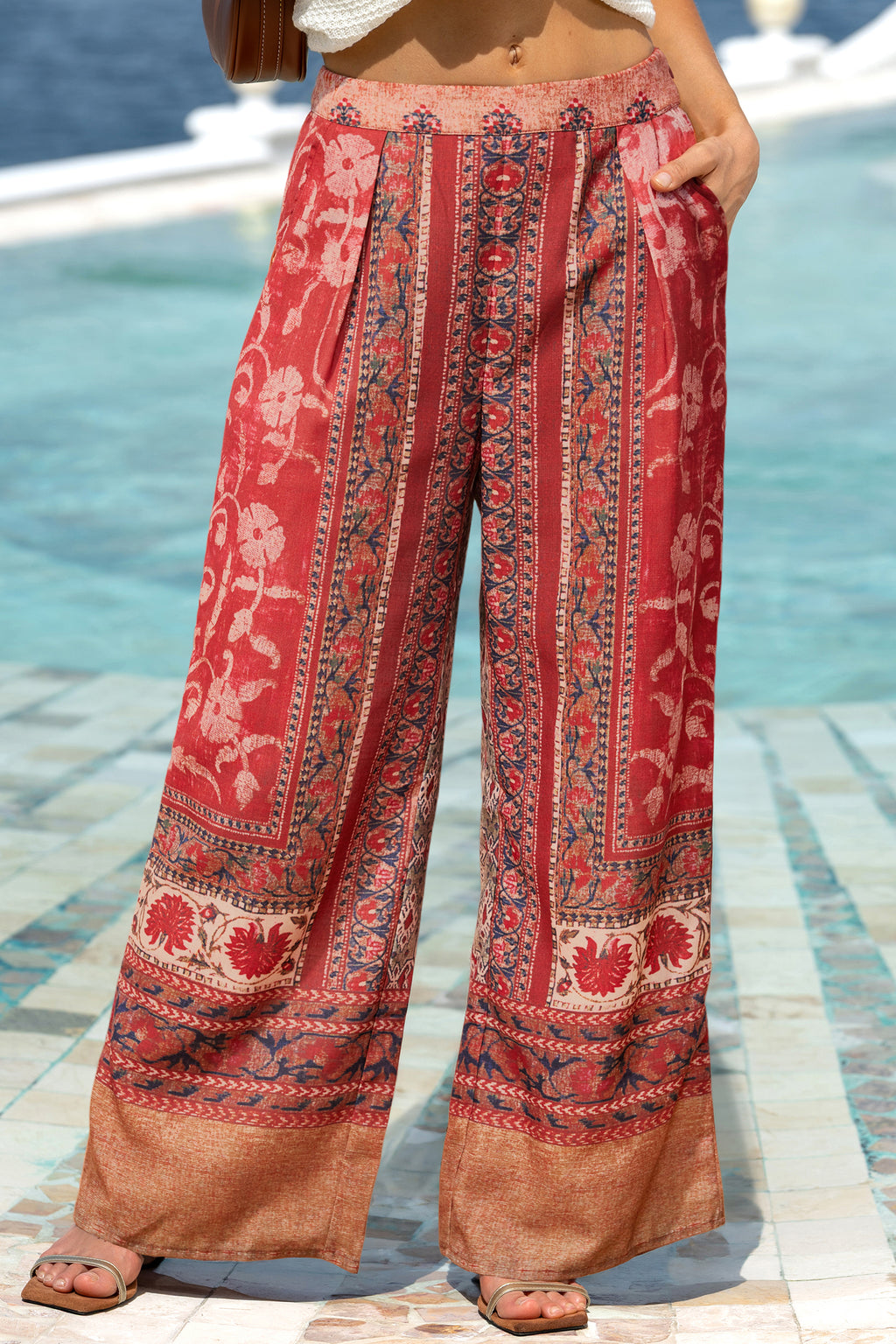 Rote Boho Gerade Hose mit seitlichem Reißverschluss