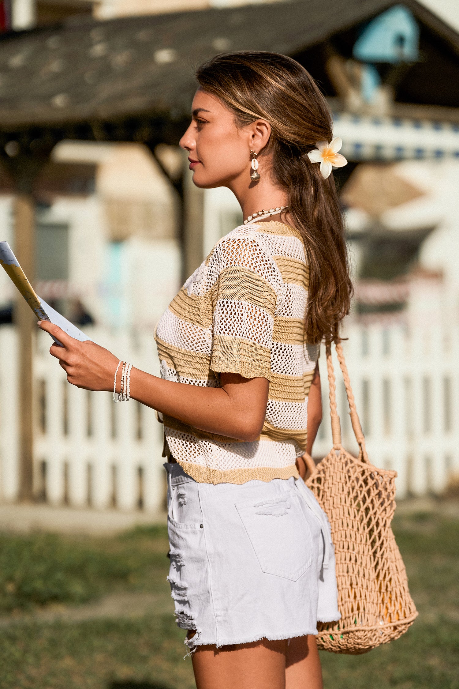 Kahki Gestreiftes Kurzarm Strick-Strand-Top