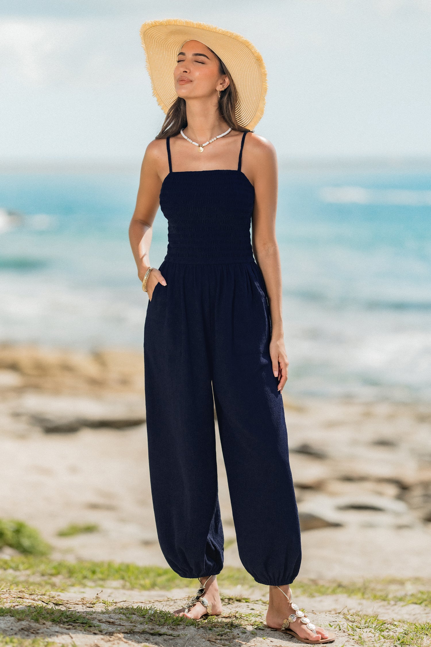 Blauer Gesmokter Eckiger Ausschnitt Jumpsuit