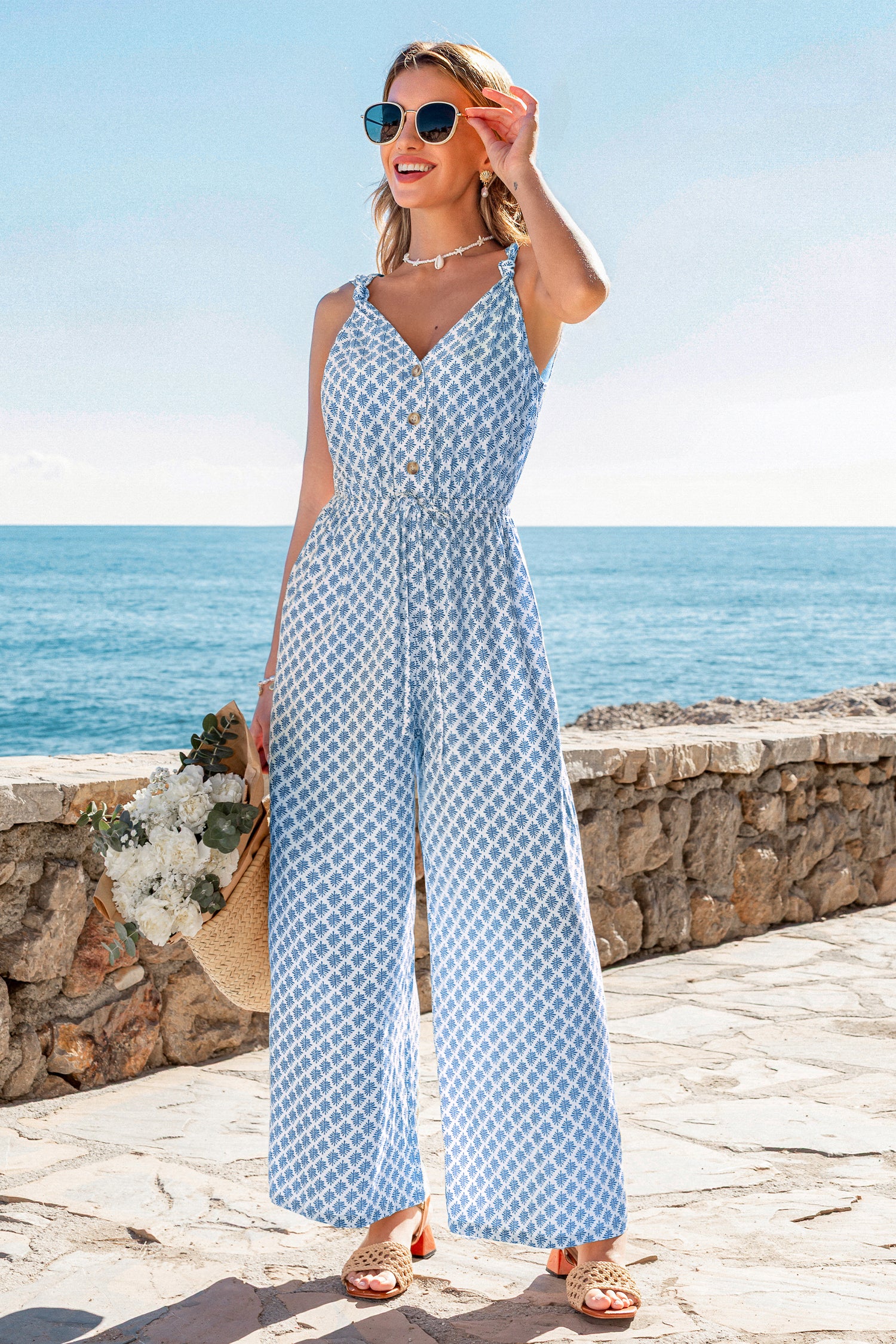 Blauer Verzierter Ärmelloser V-Ausschnitt Jumpsuit