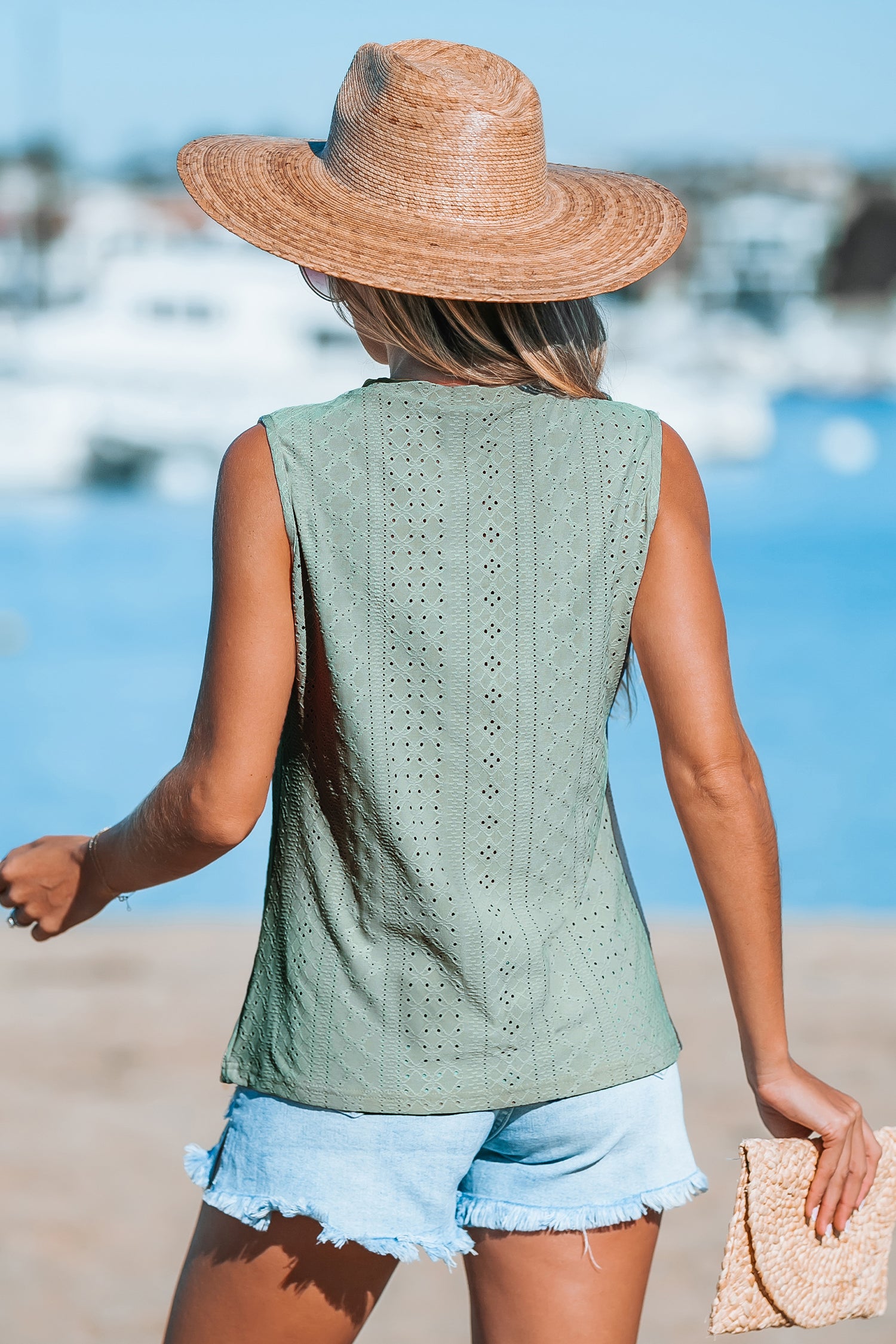 Salbeifarbenes Jersey-Tanktop mit Ösen