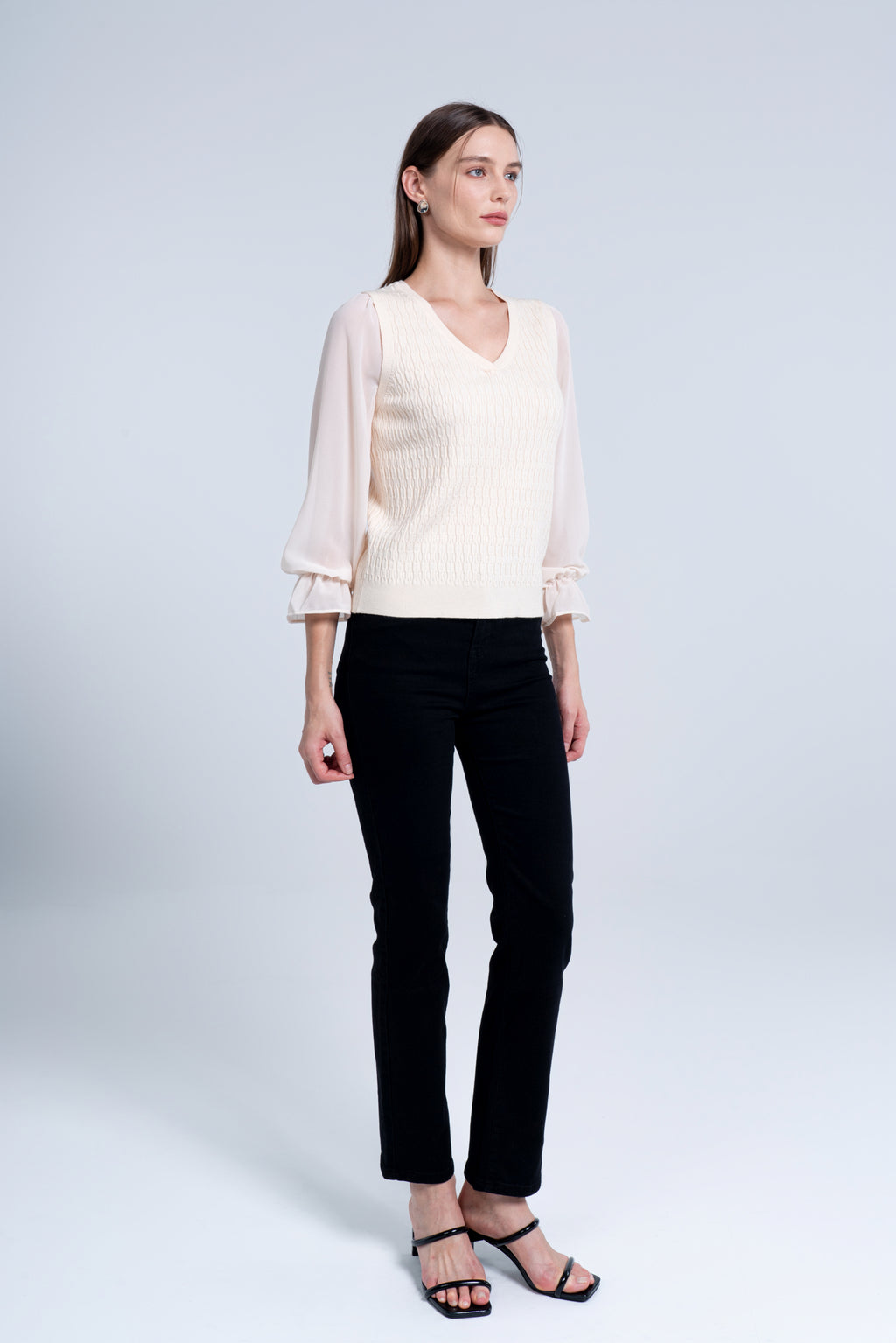 Aprikose V-Ausschnitt Top mit Dichterärmeln