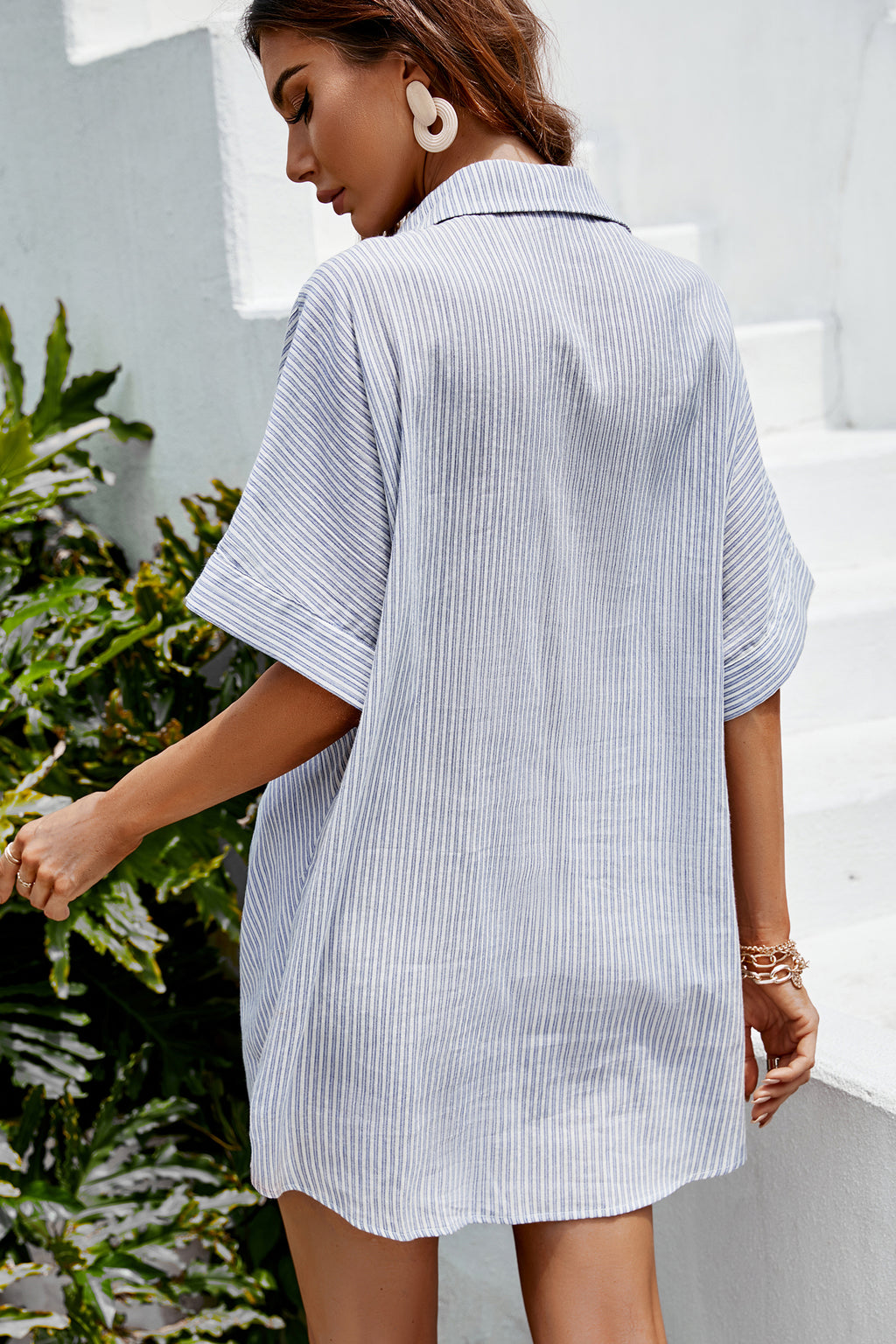 Reine Baumwolle Gestreiftes Hemdkragen-Kleid mit Dolman-Ärmeln