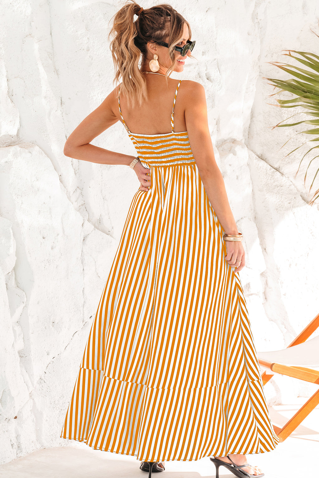 Orange Gestreiftes Quadratischer Ausschnitt Maxikleid