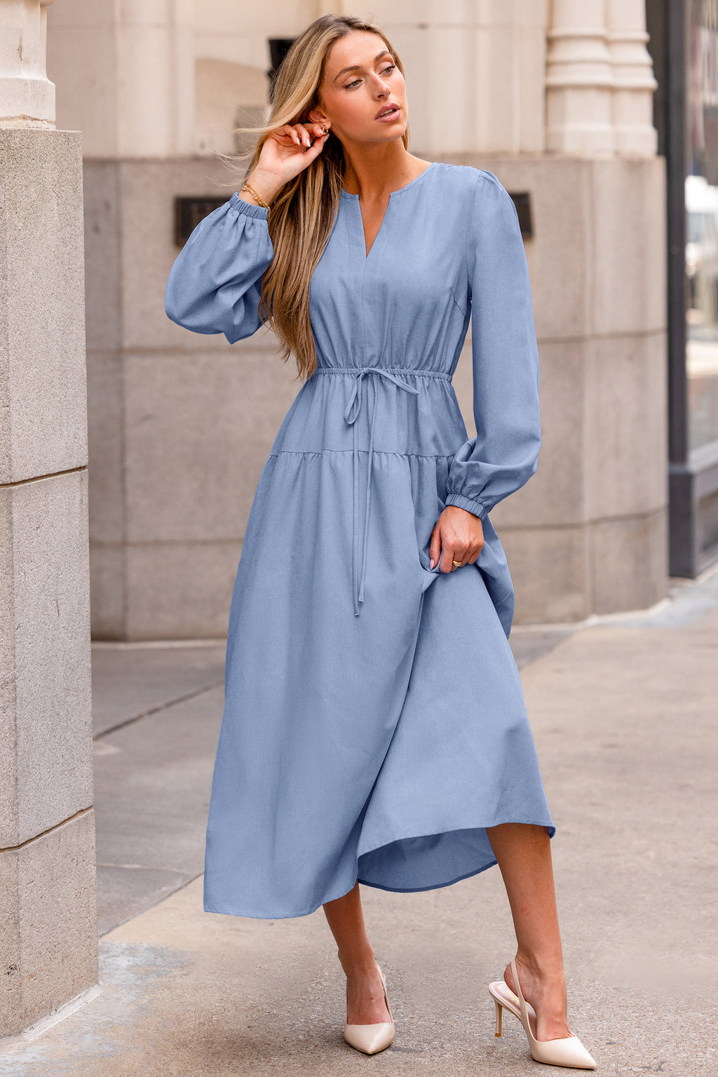 Blaues Lange Ärmel Maxikleid mit Kordelzug