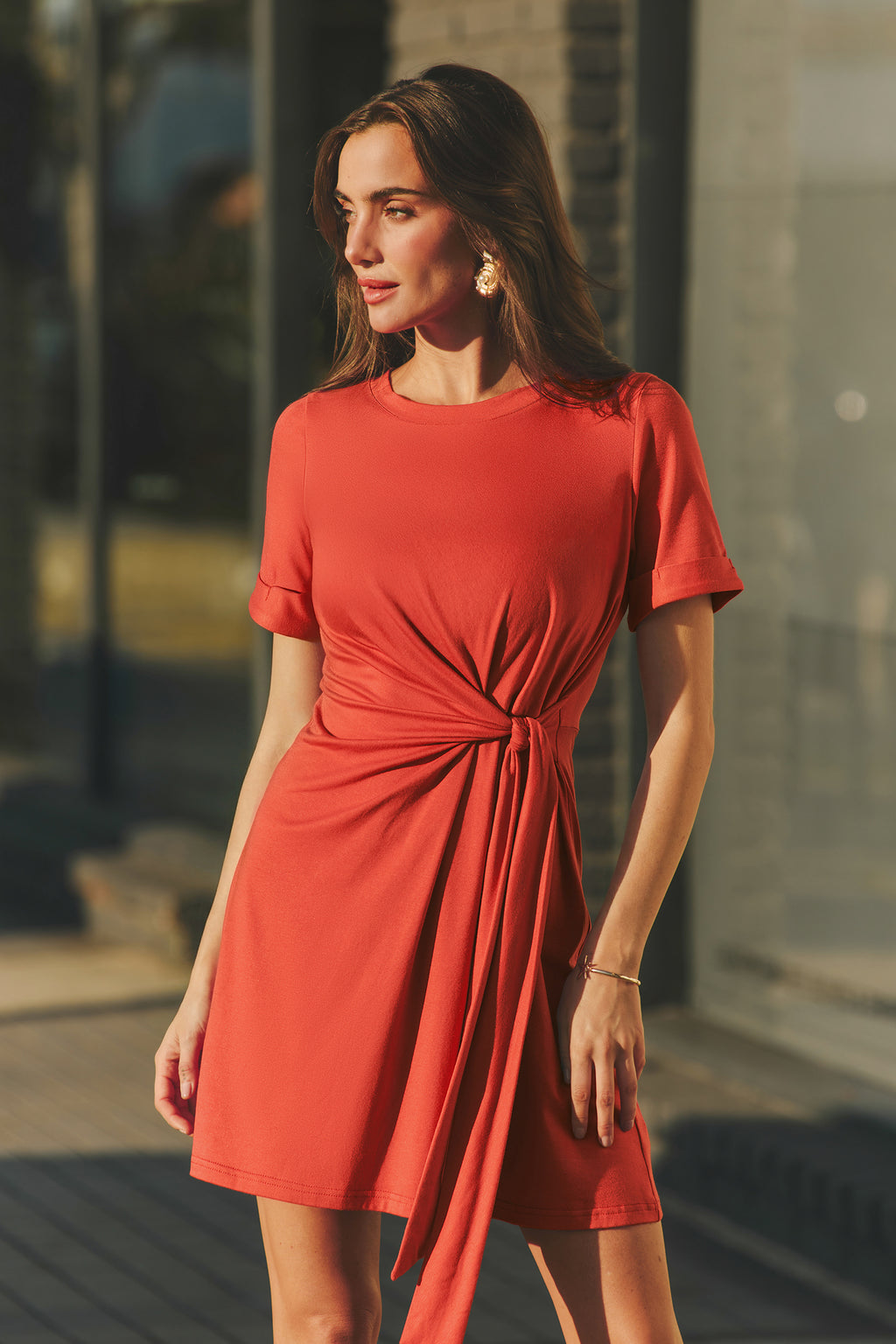 Rotes Kurzarm Rundhals Minikleid