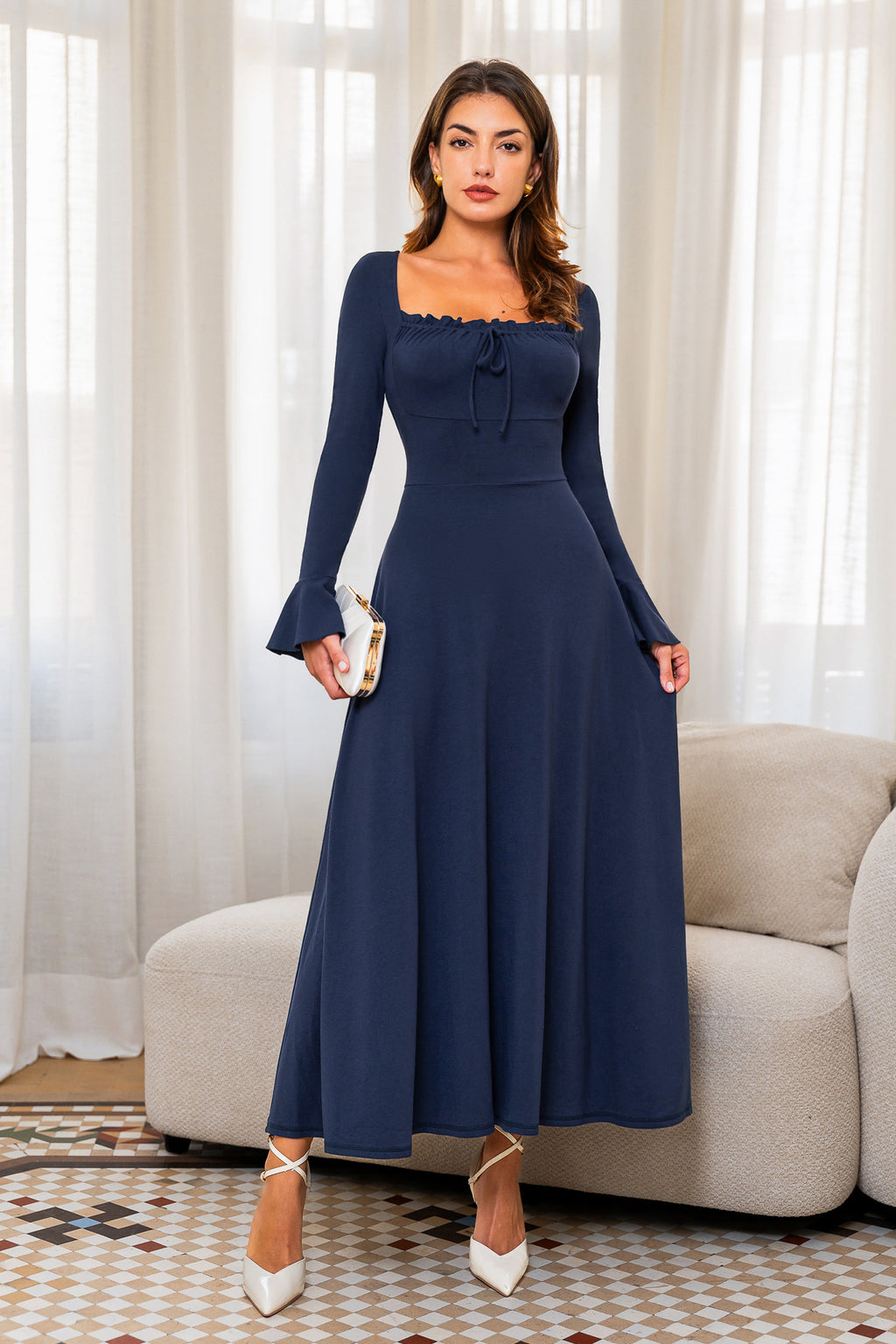 Blaues Quadratischer Ausschnitt Lange Ärmel Midikleid