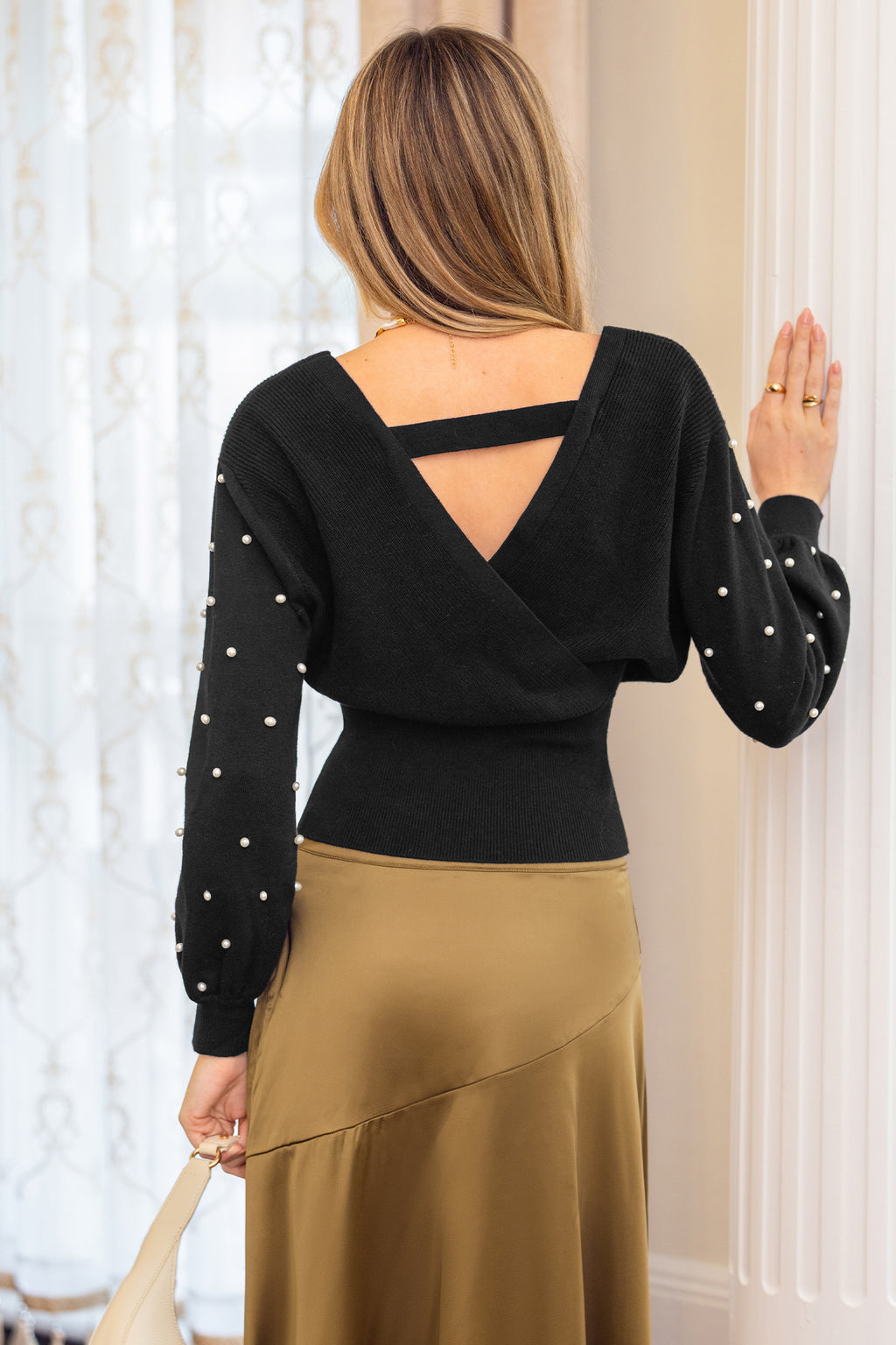 Schwarzer Geraffte Taille Wickel-Pullover