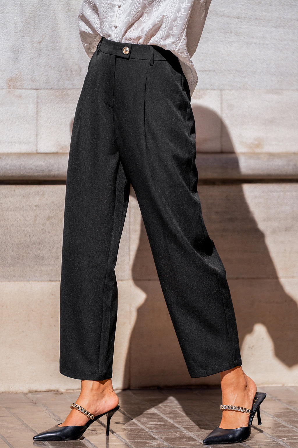 Schwarze Plissierte Gerade Hose
