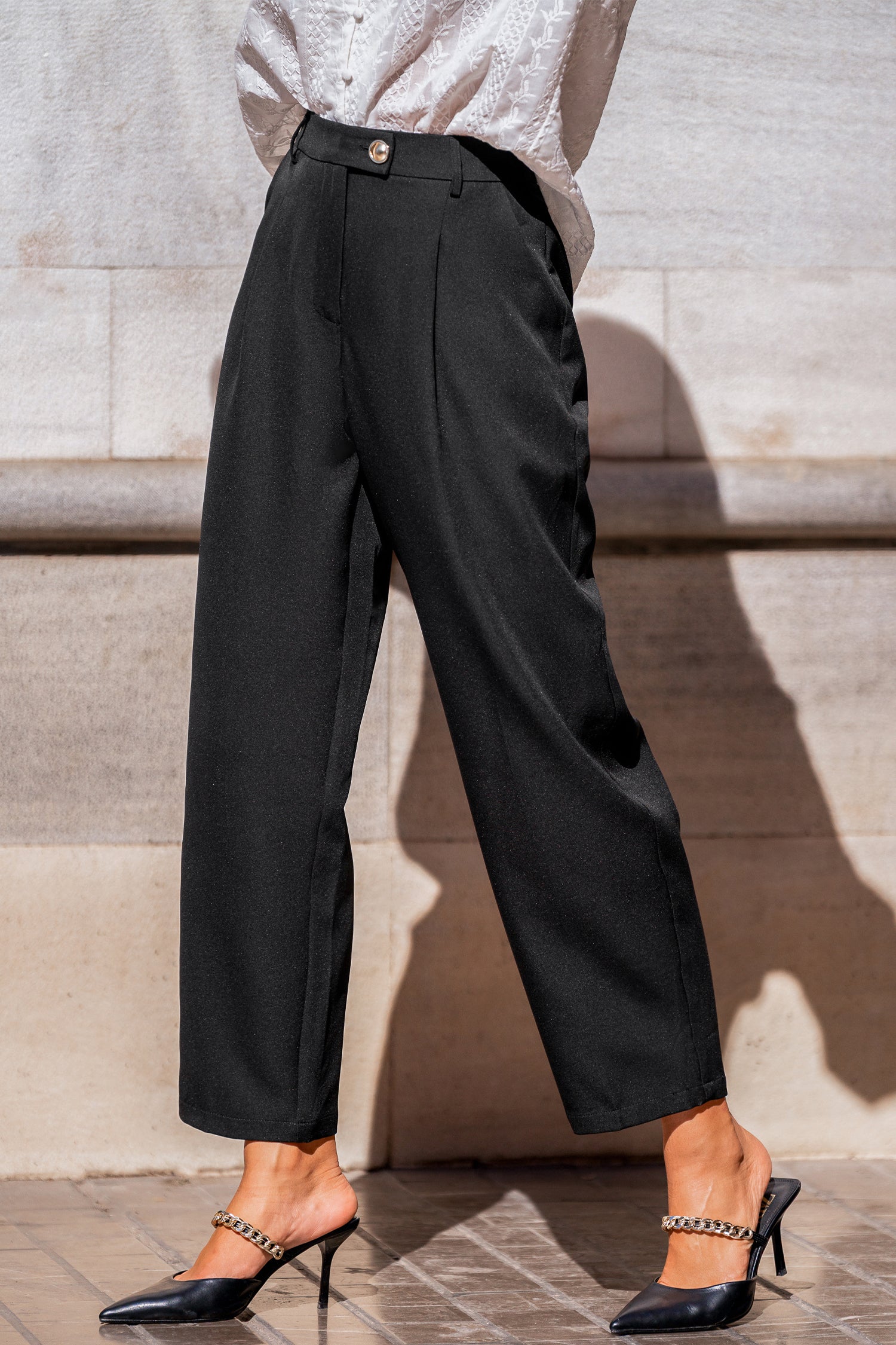 Schwarze Plissierte Gerade Hose