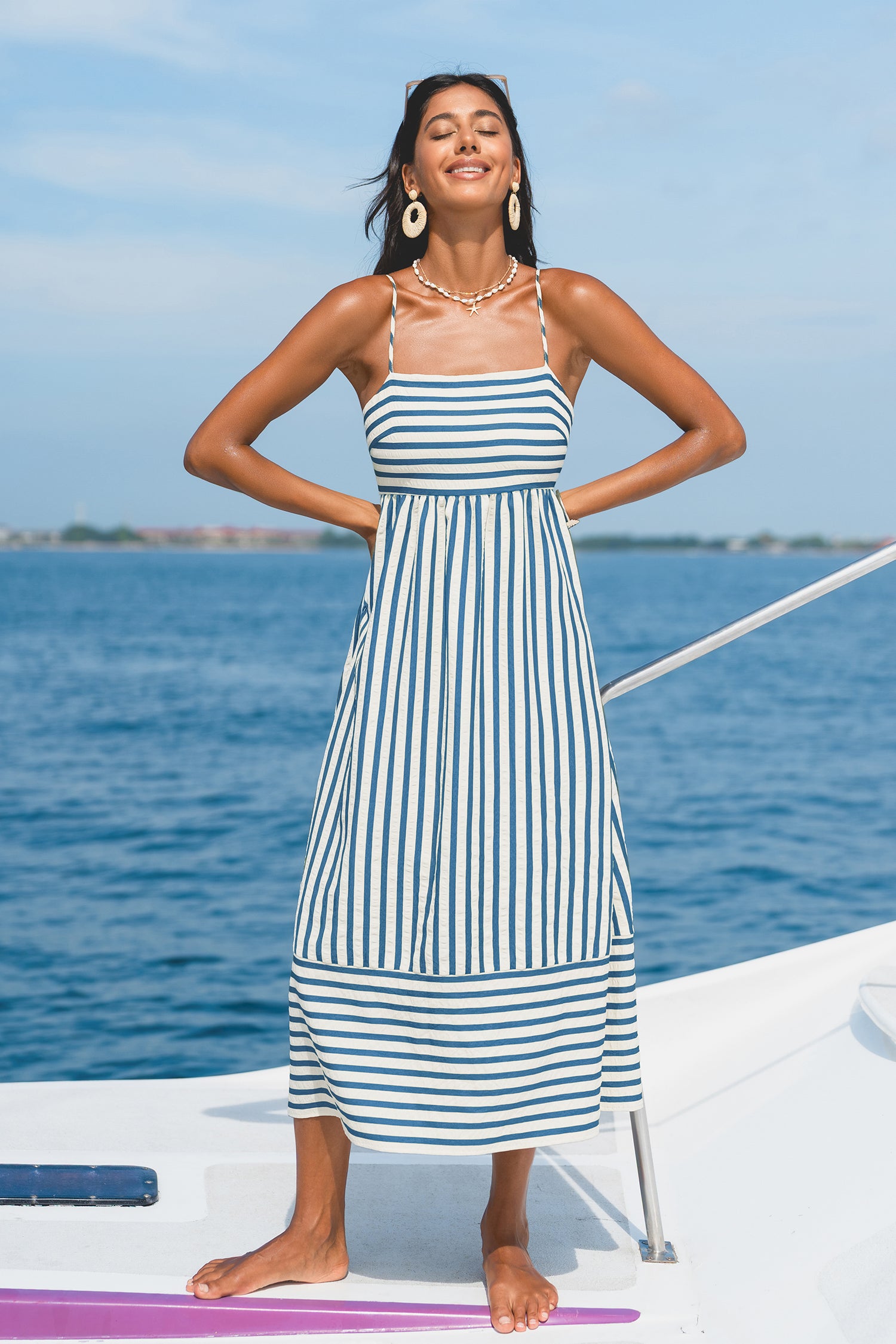 Grün Gestreiftes Eckiger Ausschnitt Maxi-Sommerkleid