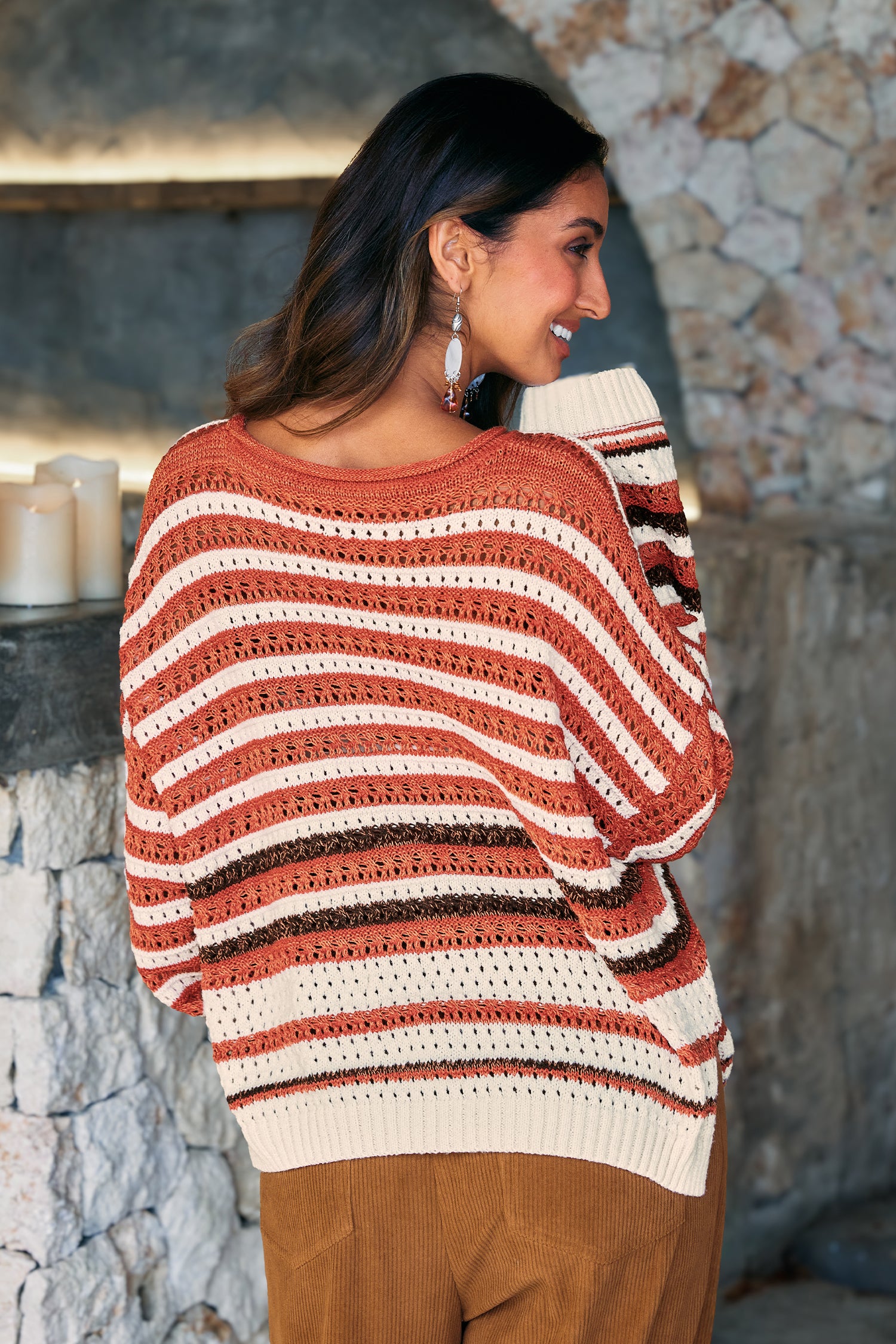Brauner Gestreifter Rundhals Pullover