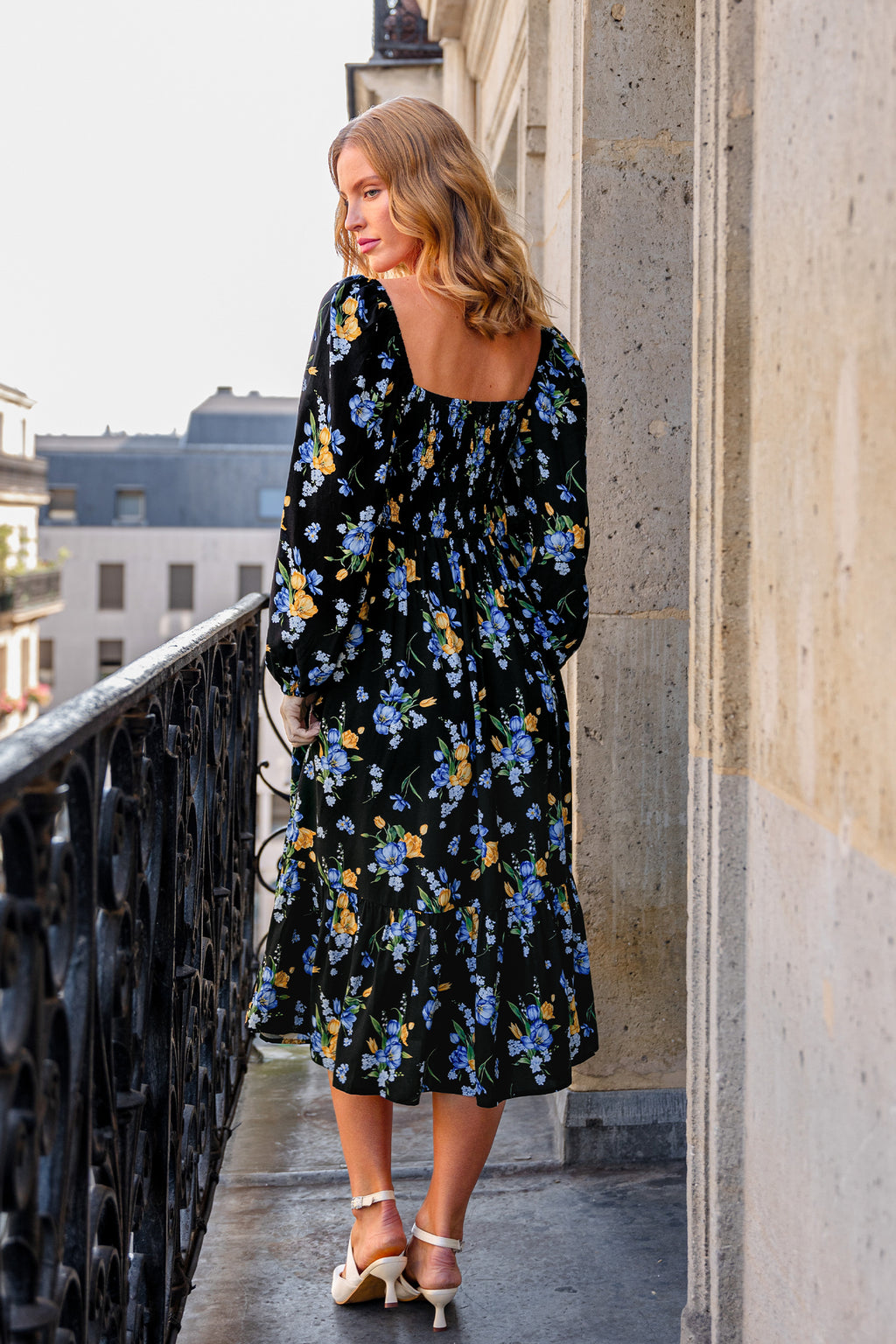 Lange Ärmel Maxikleid mit Blumenmuster und Spitzenbesatz
