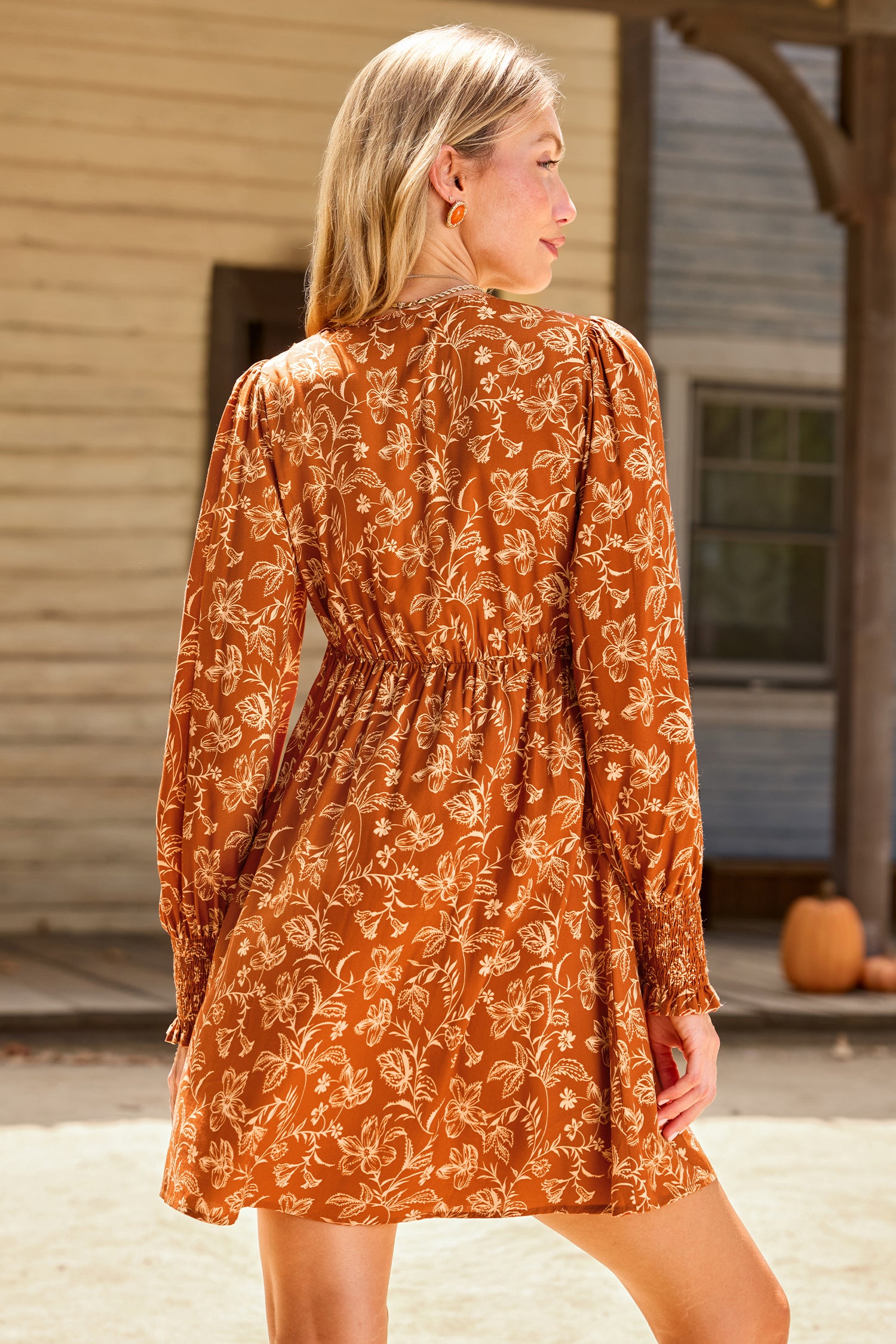 Orange Tiefer Ausschnitt Lange Ärmel Minikleid mit Blumenmuster