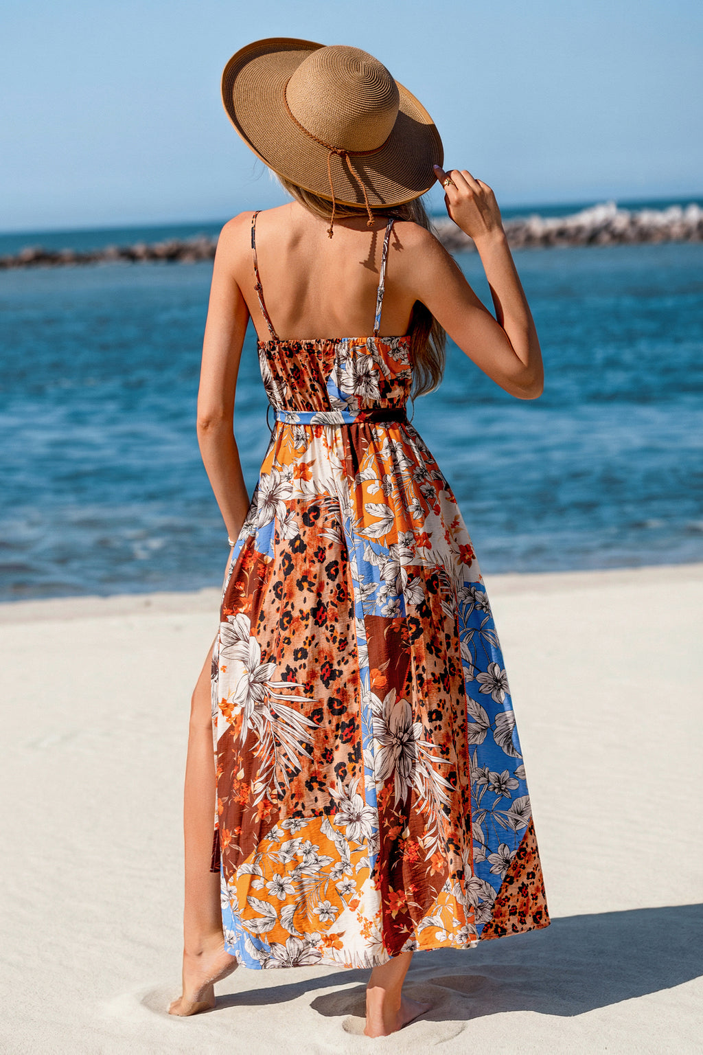 Ärmelloses Patchwork-Maxi-Strandkleid in Wickeloptik