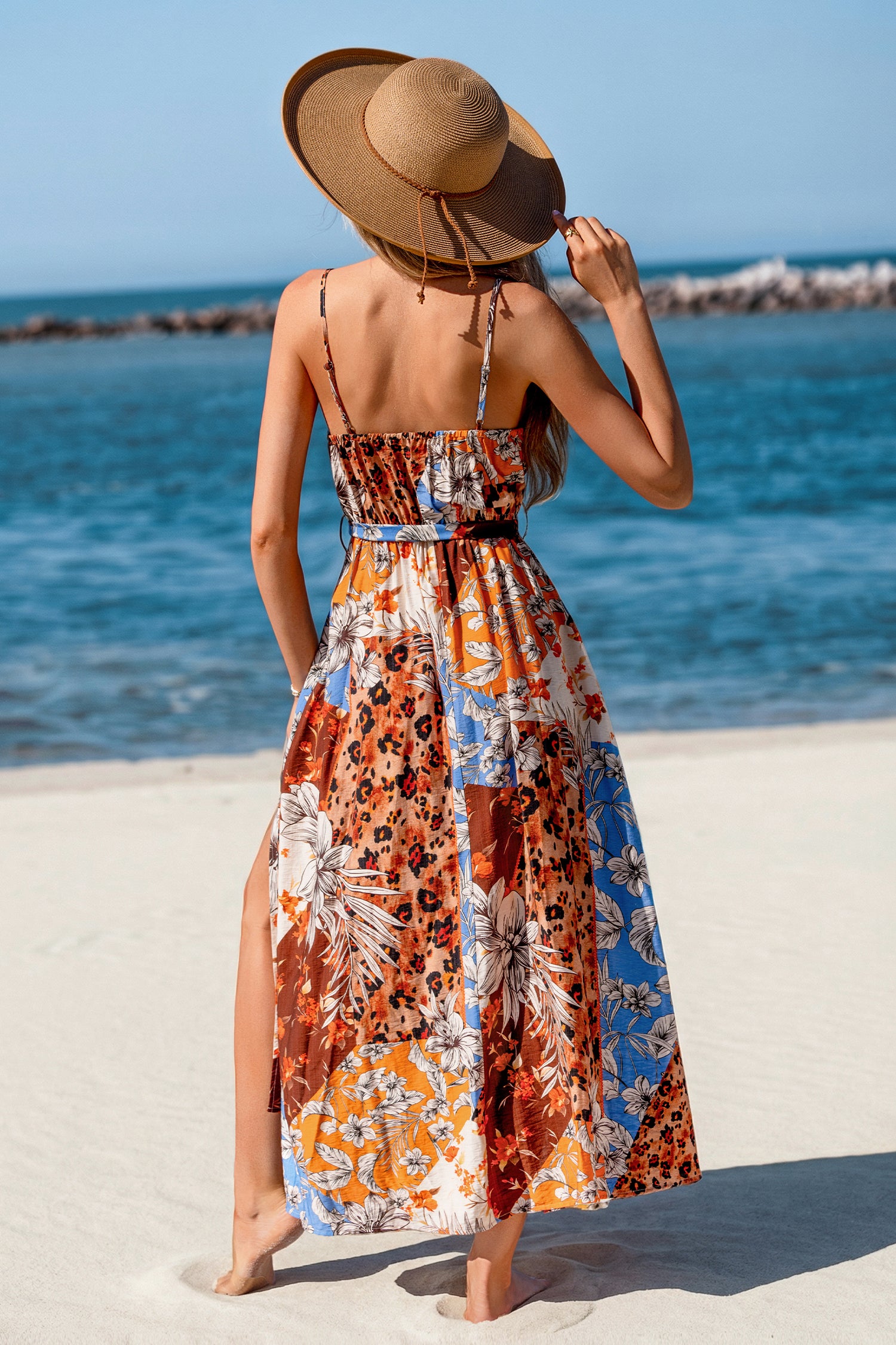 Ärmelloses Patchwork-Maxi-Strandkleid in Wickeloptik