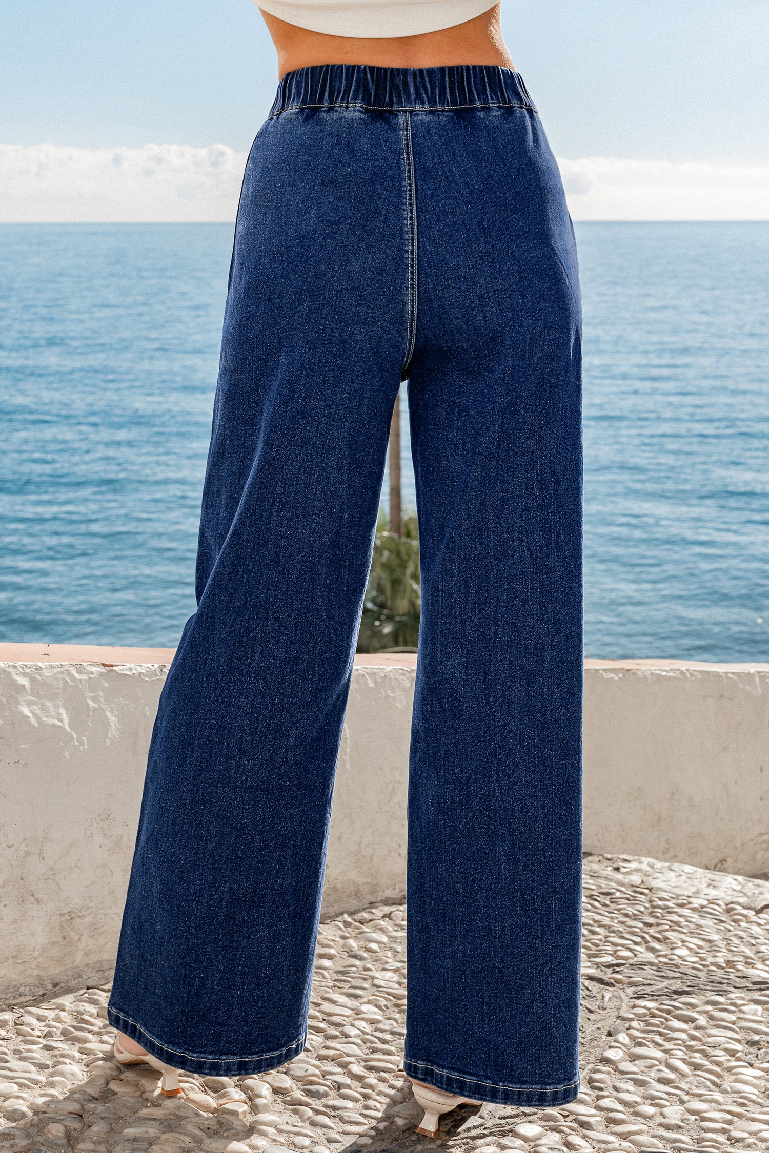 Blaue Elastischer Bund Wide-Leg-Jeans