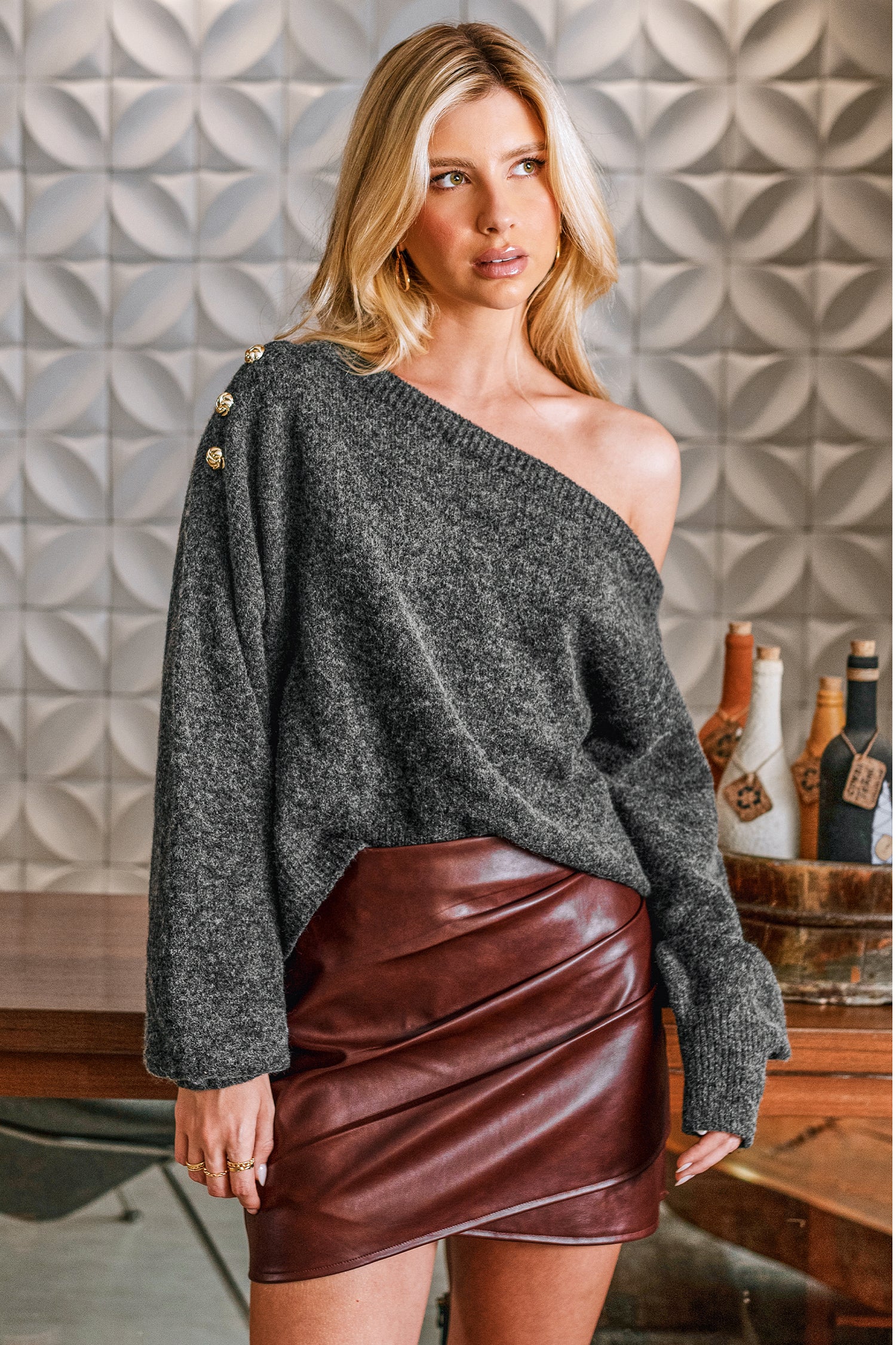 Grauer Asymmetrischer Ausschnitt Pullover