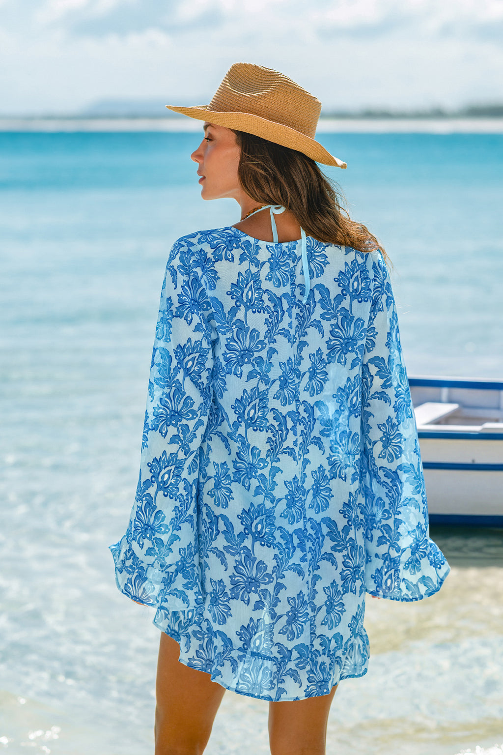 Blau Strand-Kimono mit tiefem Ausschnitt im Ethno-Stil