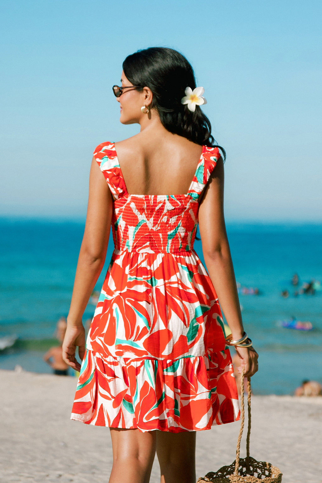 Tropisches Ärmelloses Eckiger Ausschnitt Mini-Strandkleid