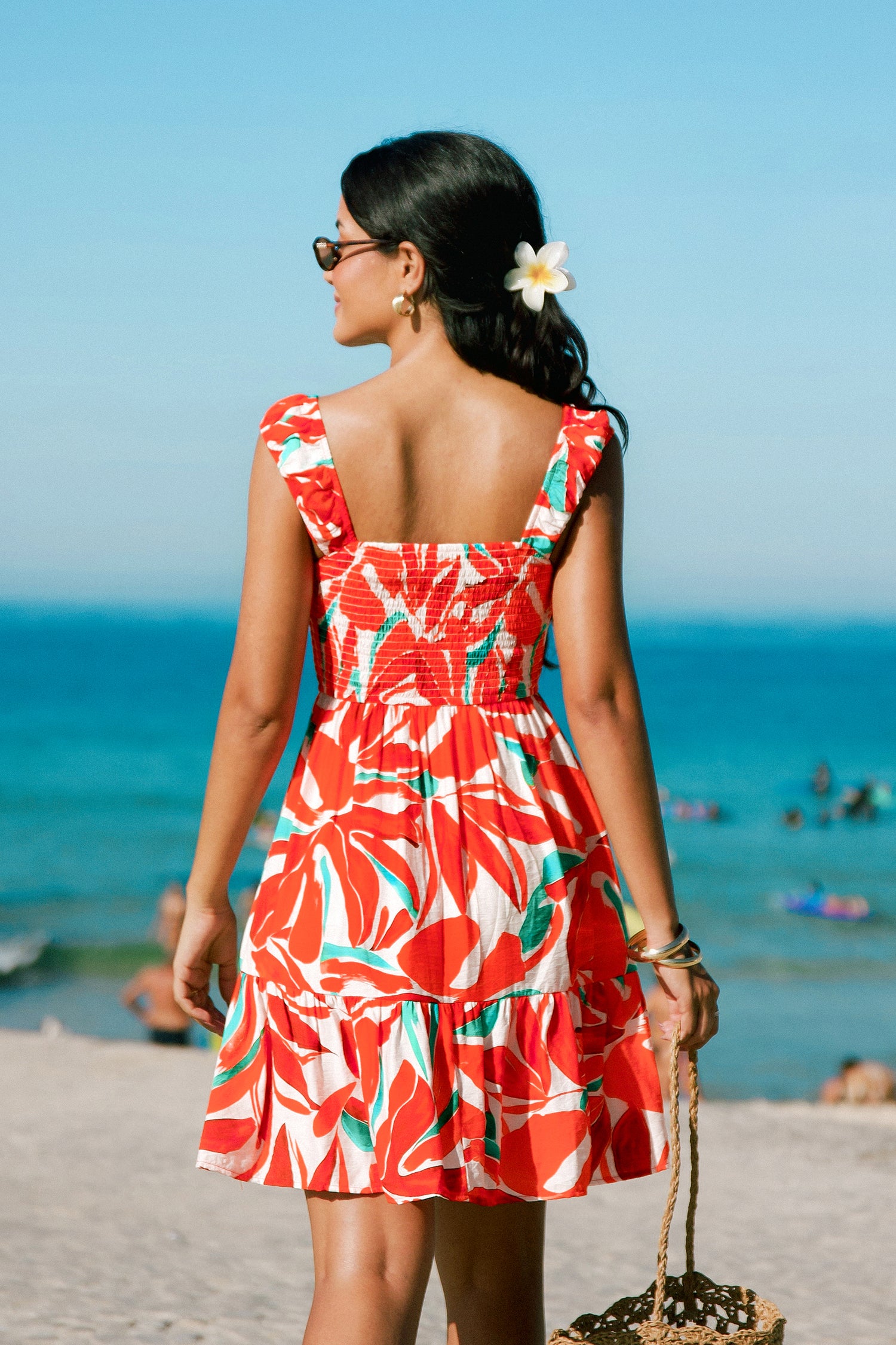 Tropisches Ärmelloses Eckiger Ausschnitt Mini-Strandkleid
