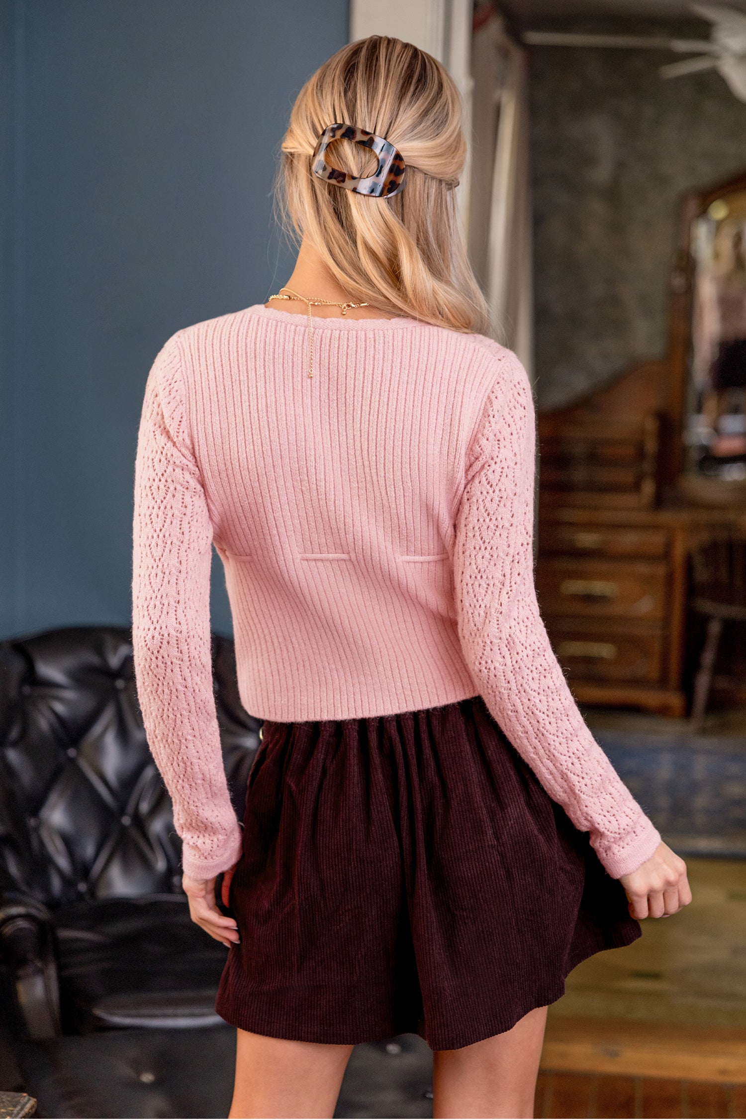 Rosa V-Ausschnitt Cropped Strickjacke