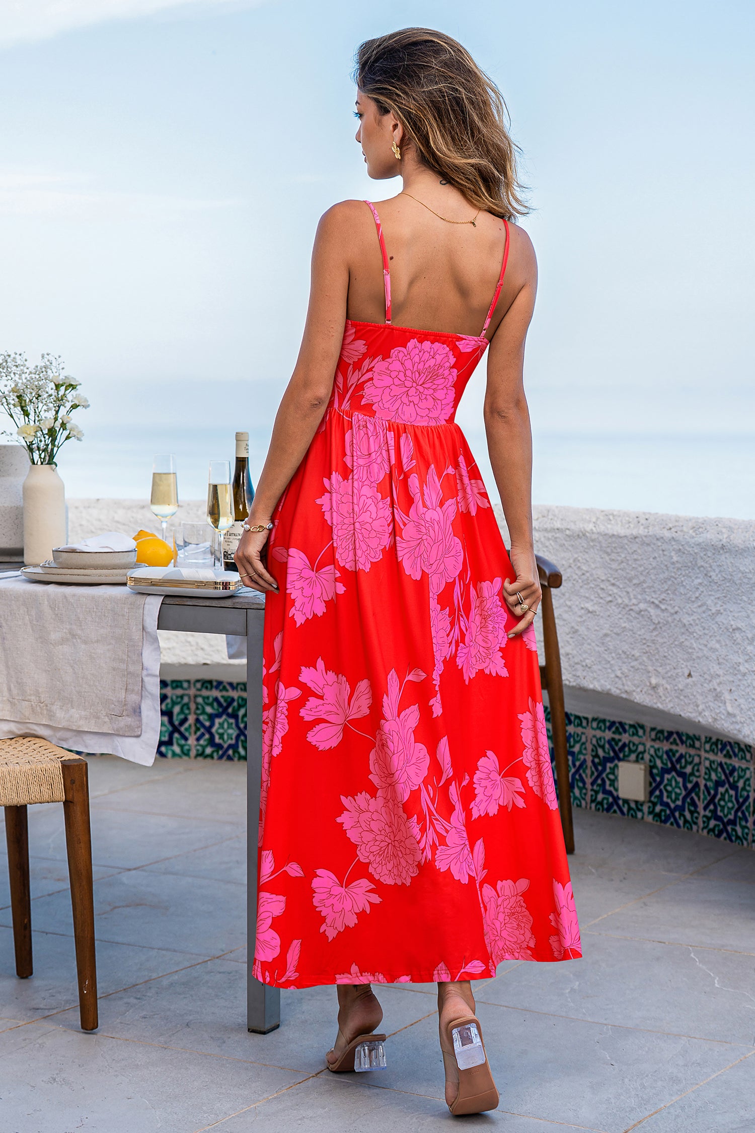 Rosa Ärmelloses Maxikleid mit Blumenmuster