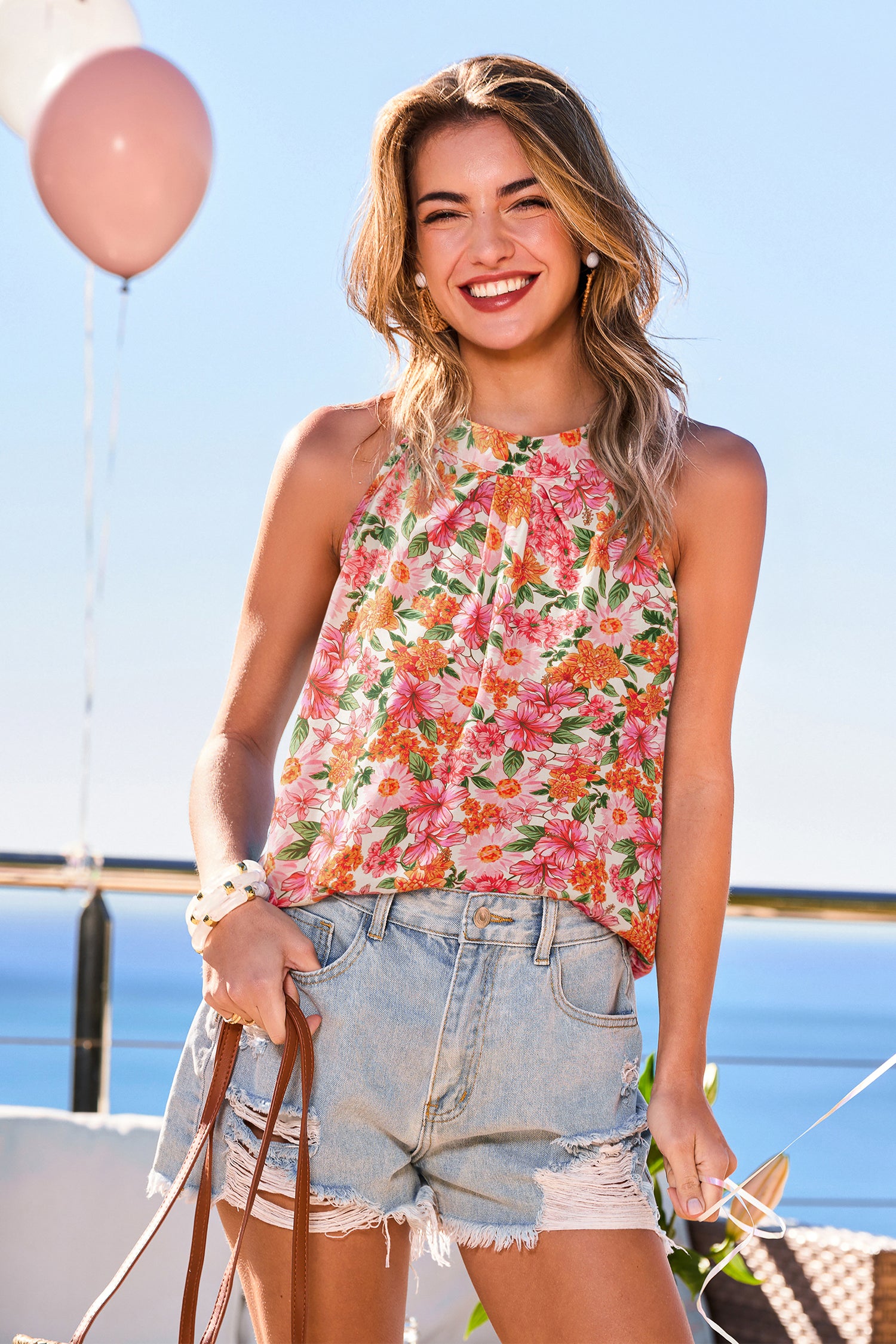 Ärmelloses Geblümtes Rundhals-Top