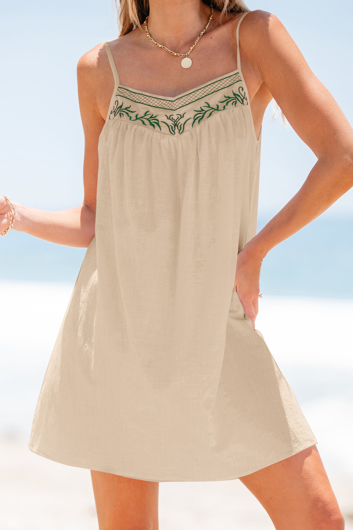 Cremefarbenes Mini-Cami-Kleid mit Stickerei aus Baumwolle