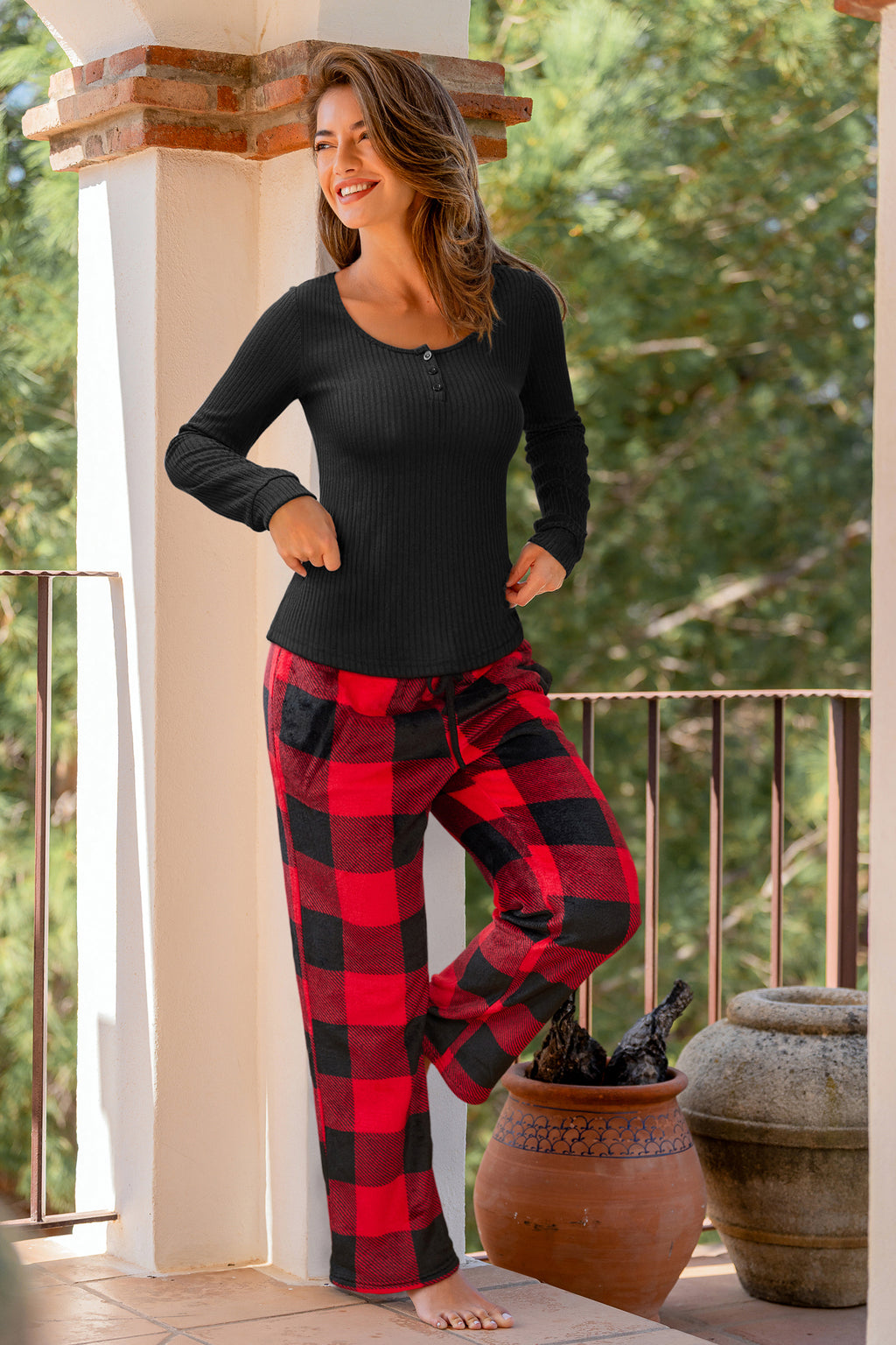 Schwarzes Kariertes Langarm Pyjama-Set